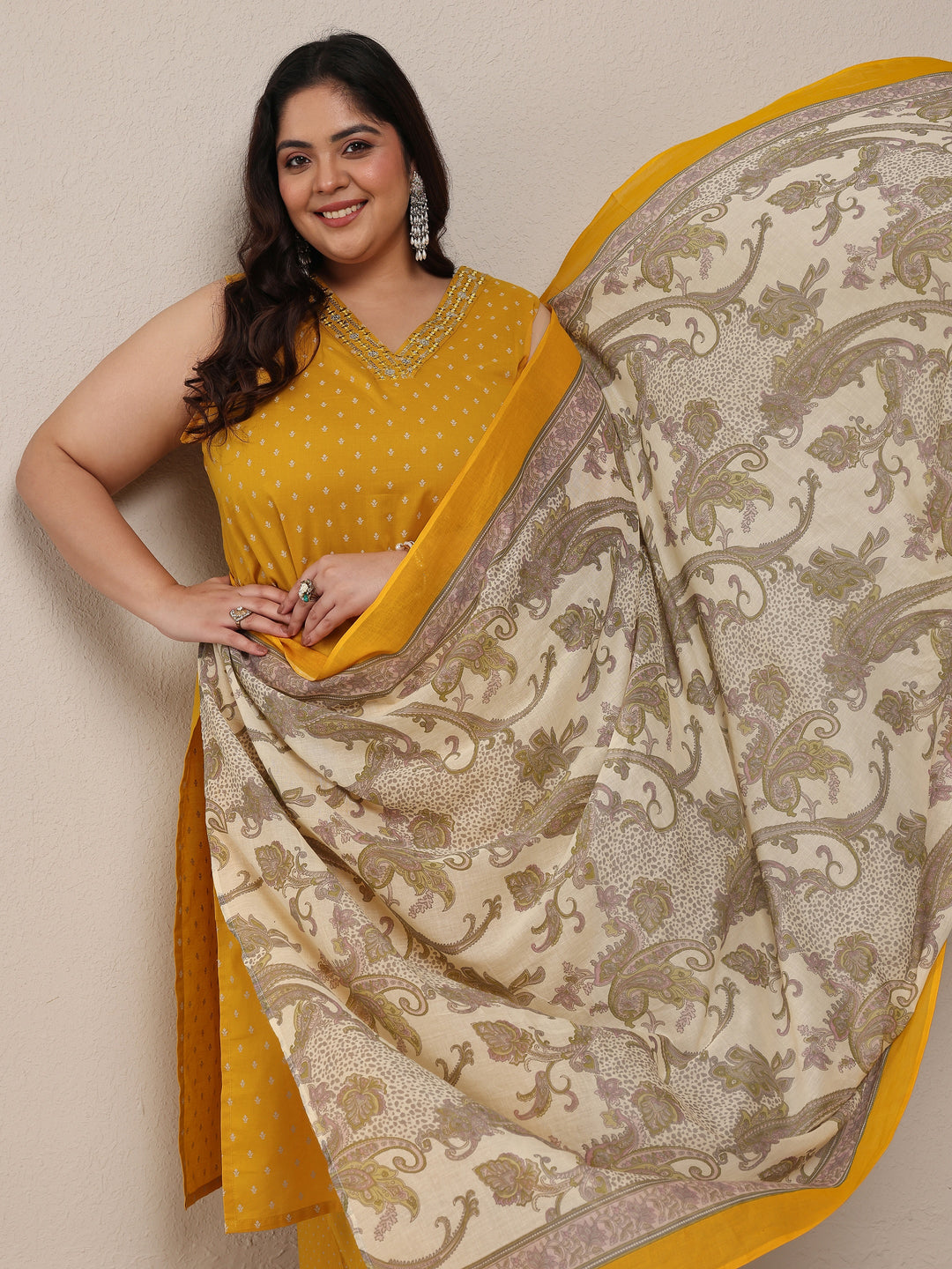Plus Size Mustard Printed Cotton Blend Straight Suit Set With Dupatta
