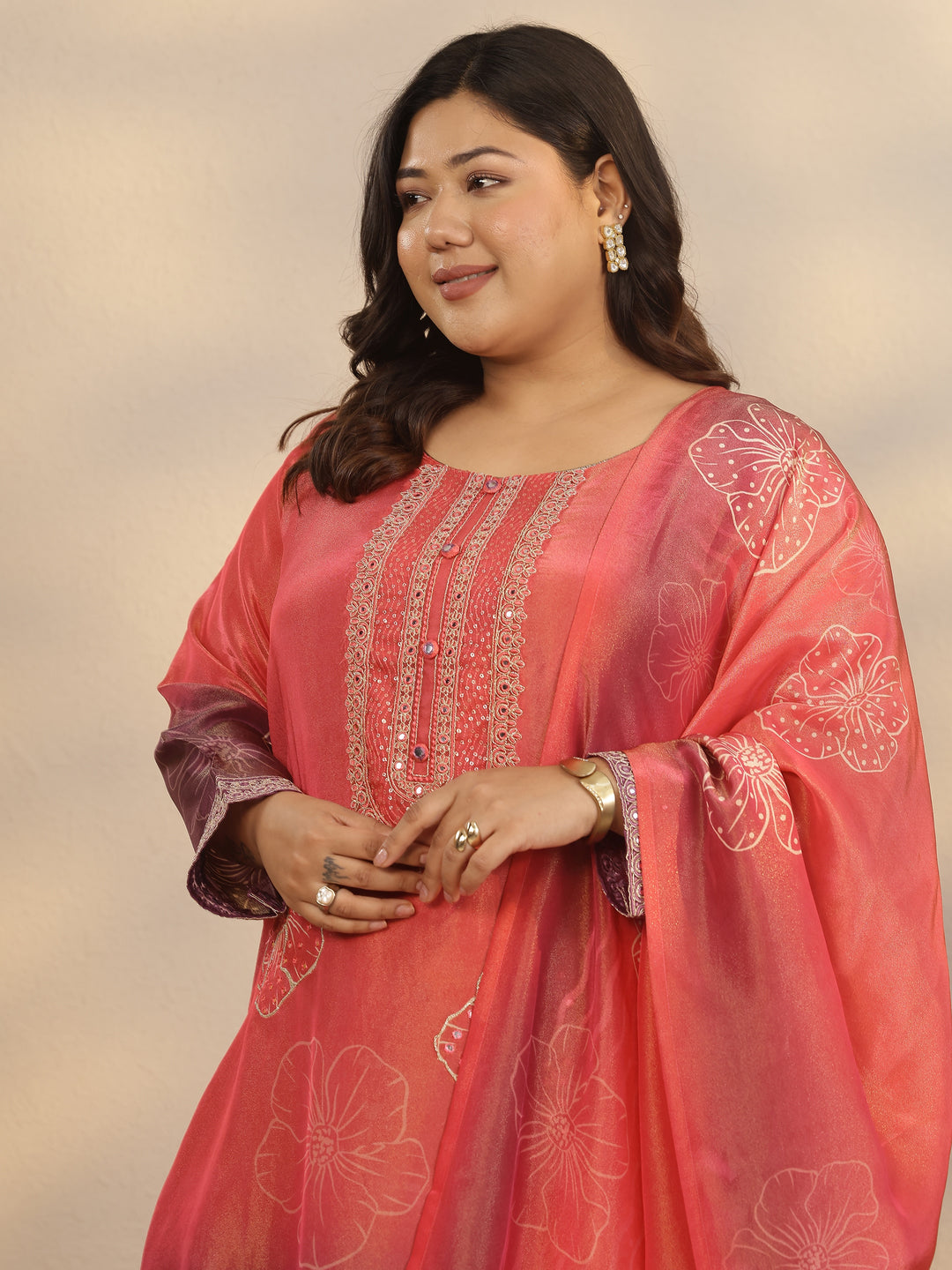  Plus Size Pink Printed Silk Blend Straight Suit Set With Dupatta 