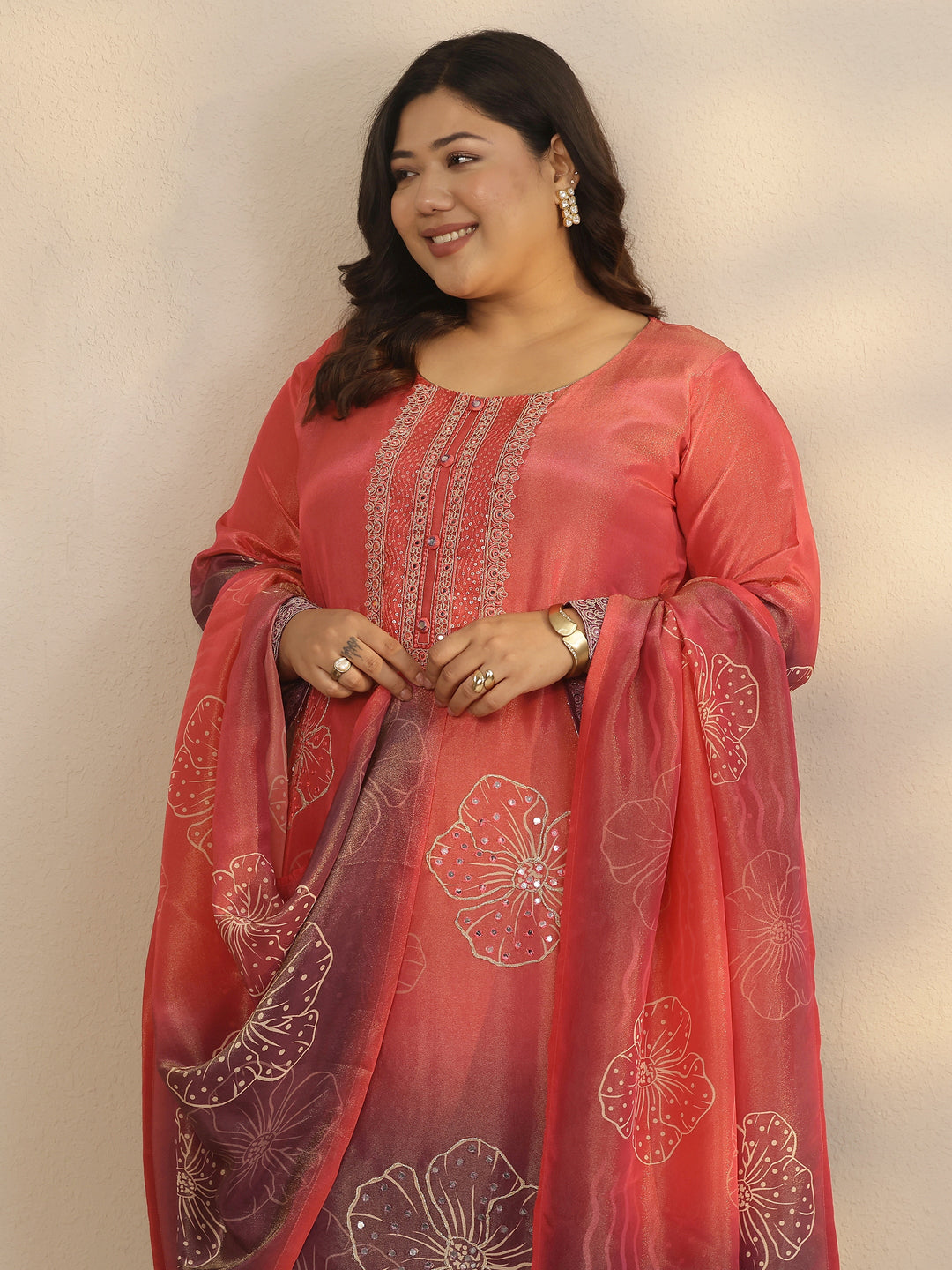 Plus Size Pink Printed Silk Blend Straight Suit Set With Dupatta