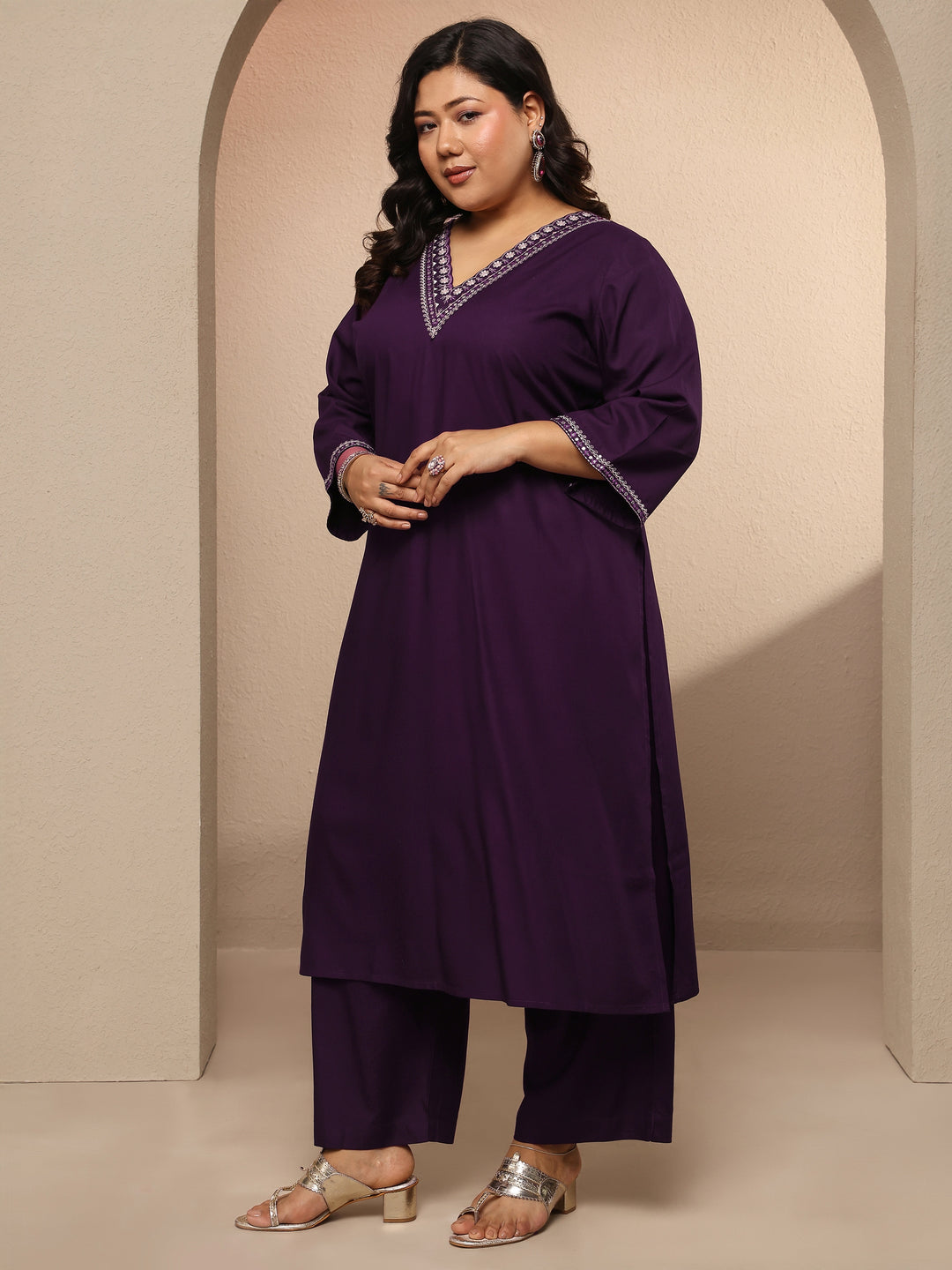  Plus Size Purple Embroidered Silk blend Suit Set With Dupatta 