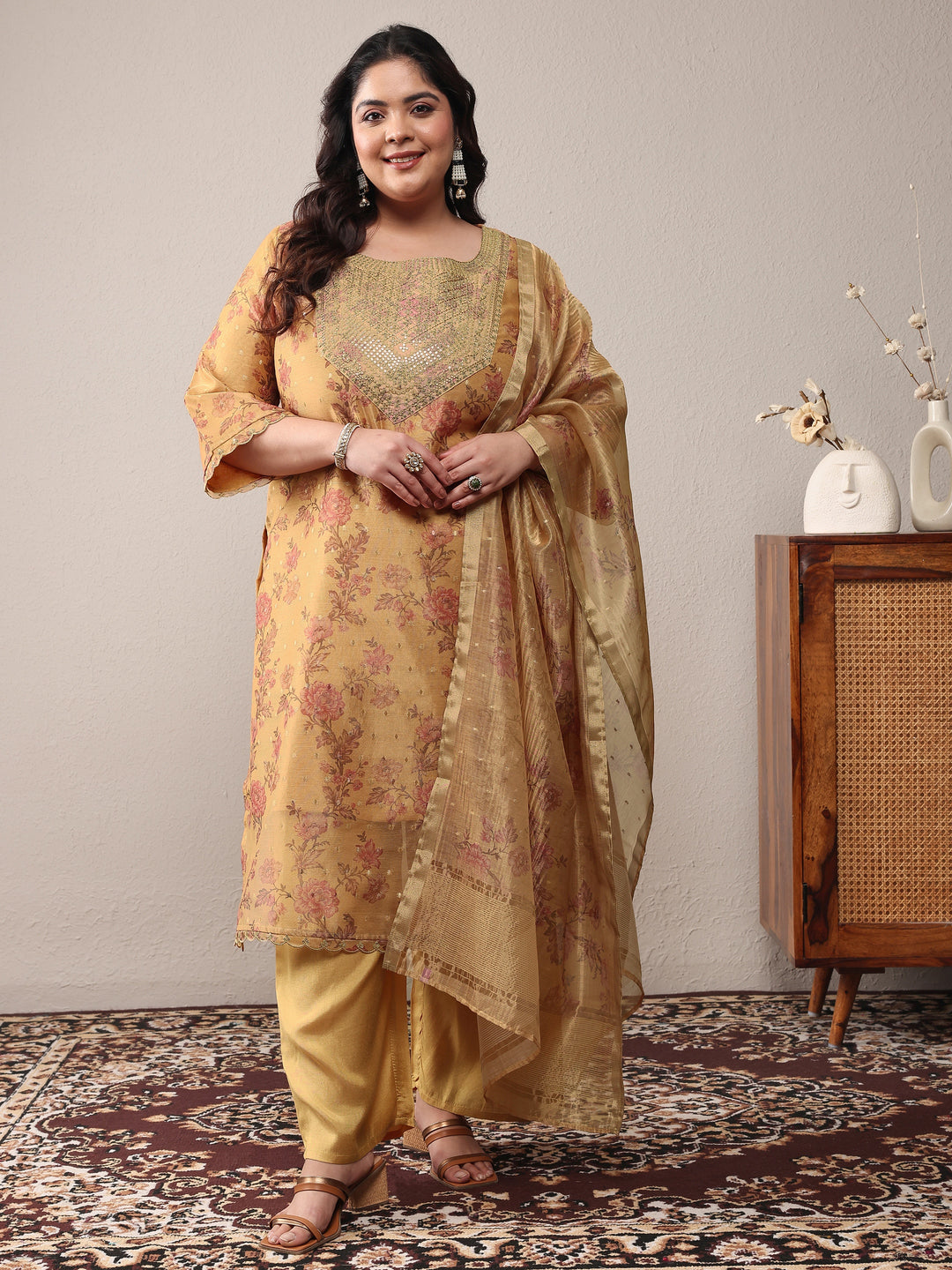  Plus Size Mustard Embroidered Silk Blend Straight Suit Set With Dupatta 