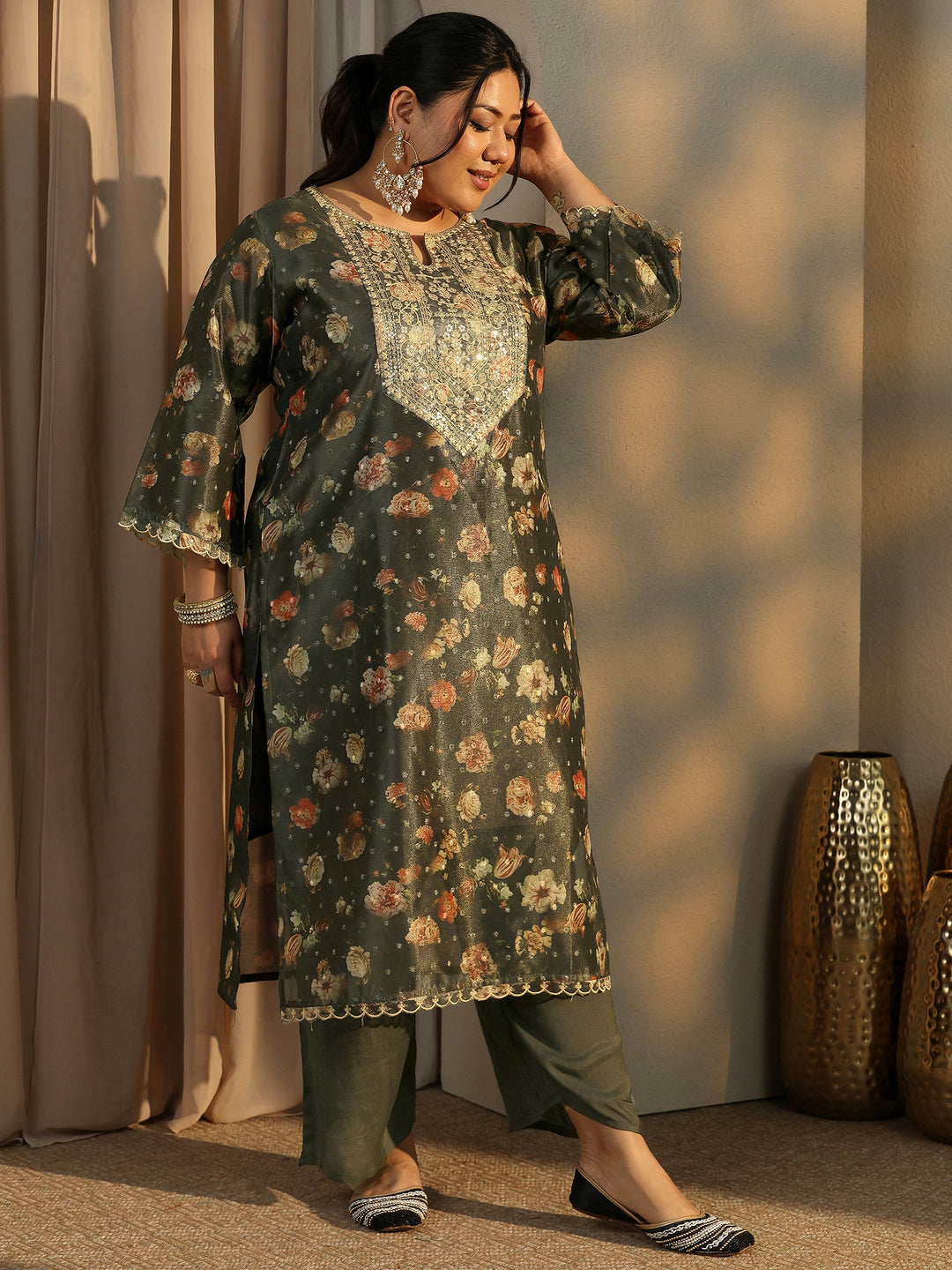  Plus Size Green Printed Silk Blend Straight Suit Set With Dupatta 