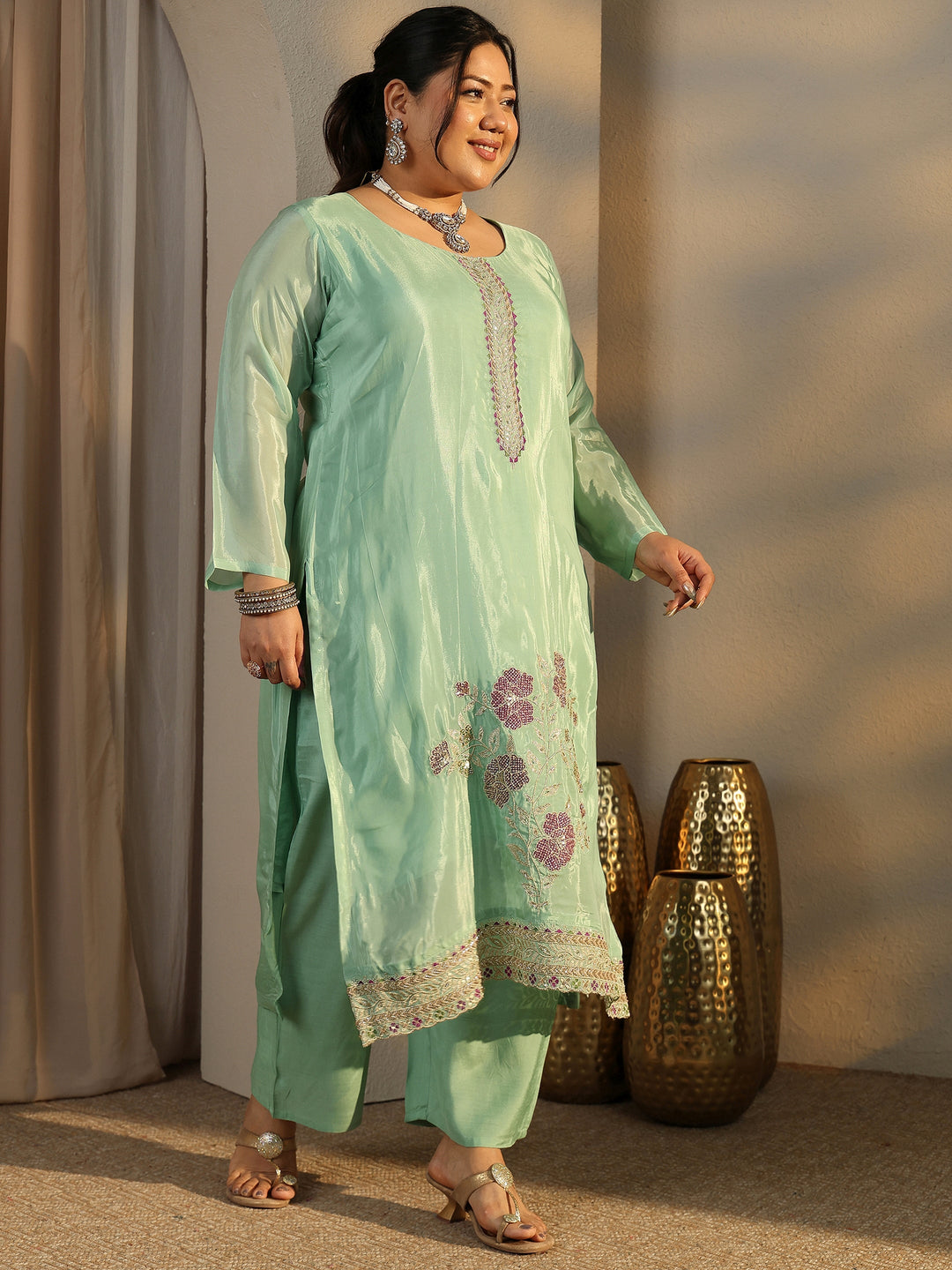  Plus Size Green Embroidered Crepe Straight Suit Set With Dupatta 
