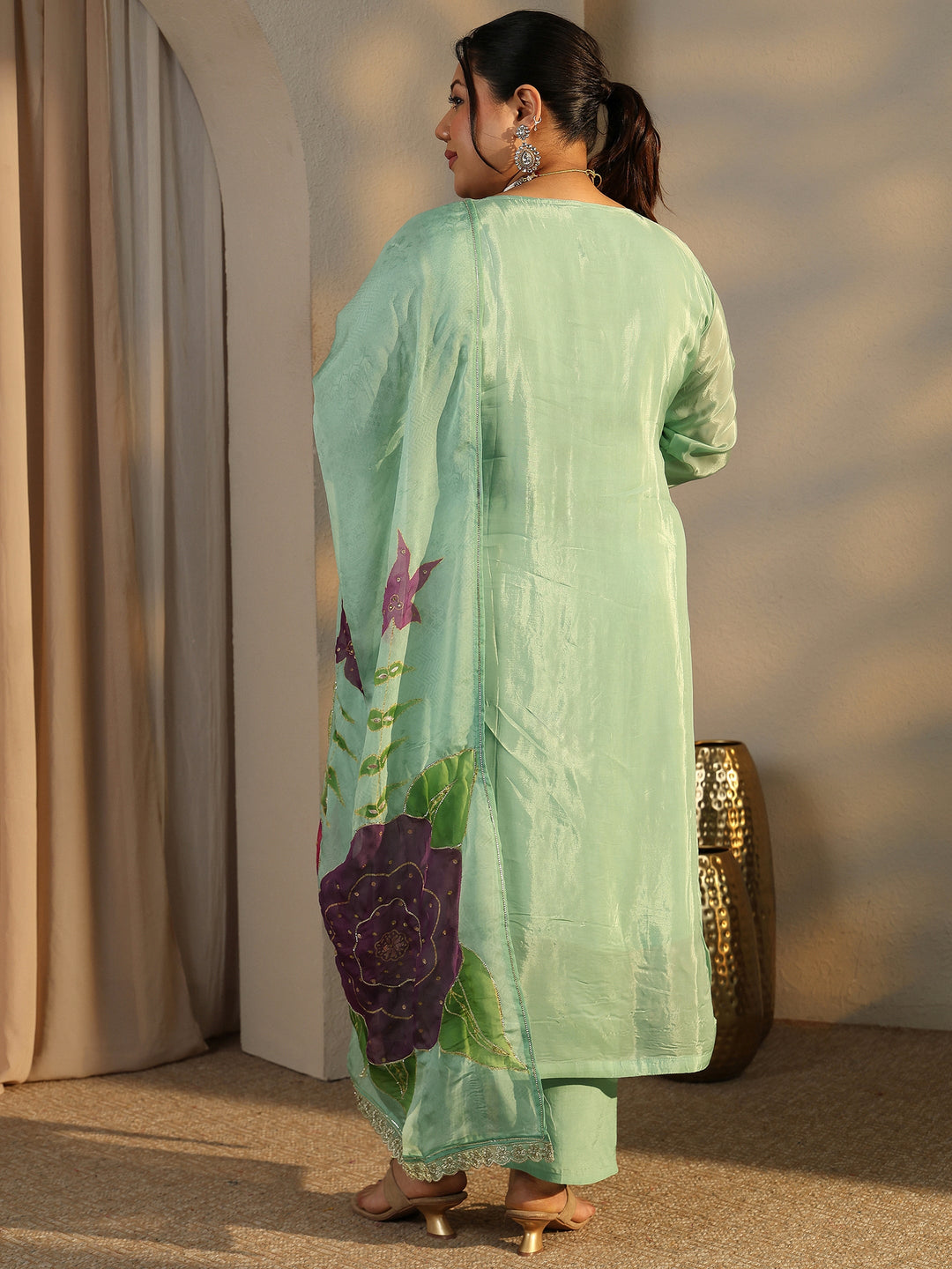 Plus Size Green Embroidered Crepe Straight Suit Set With Dupatta 