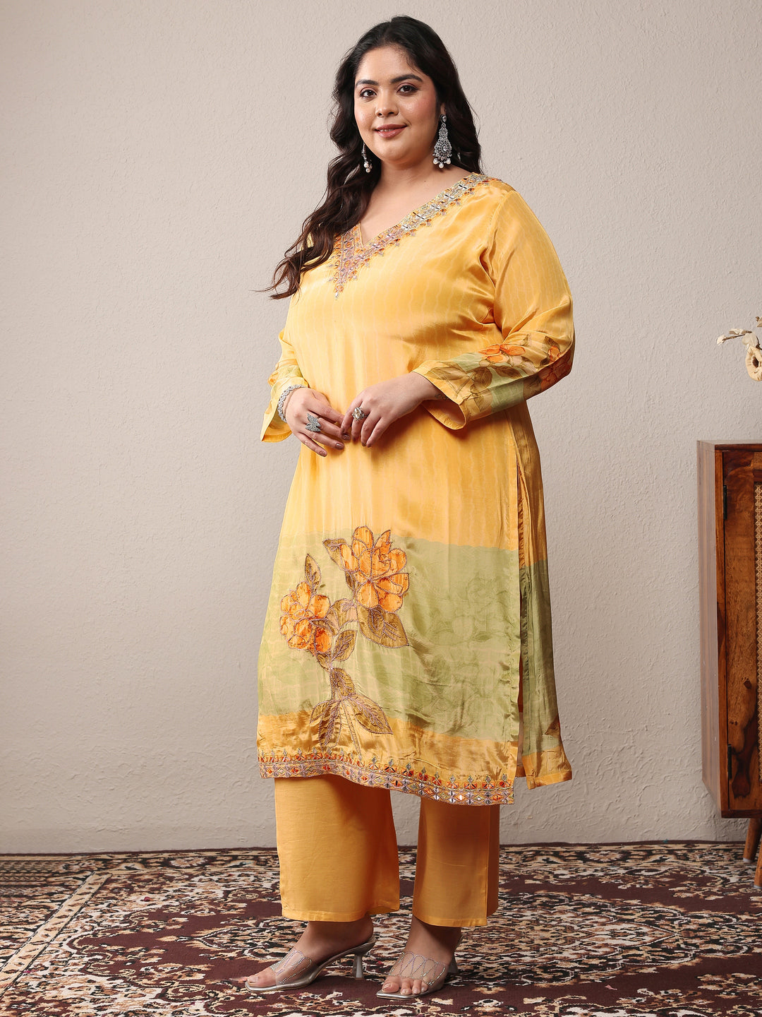  Plus Size Yellow Embroidered Silk Crepe Straight Suit Set With Dupatta 