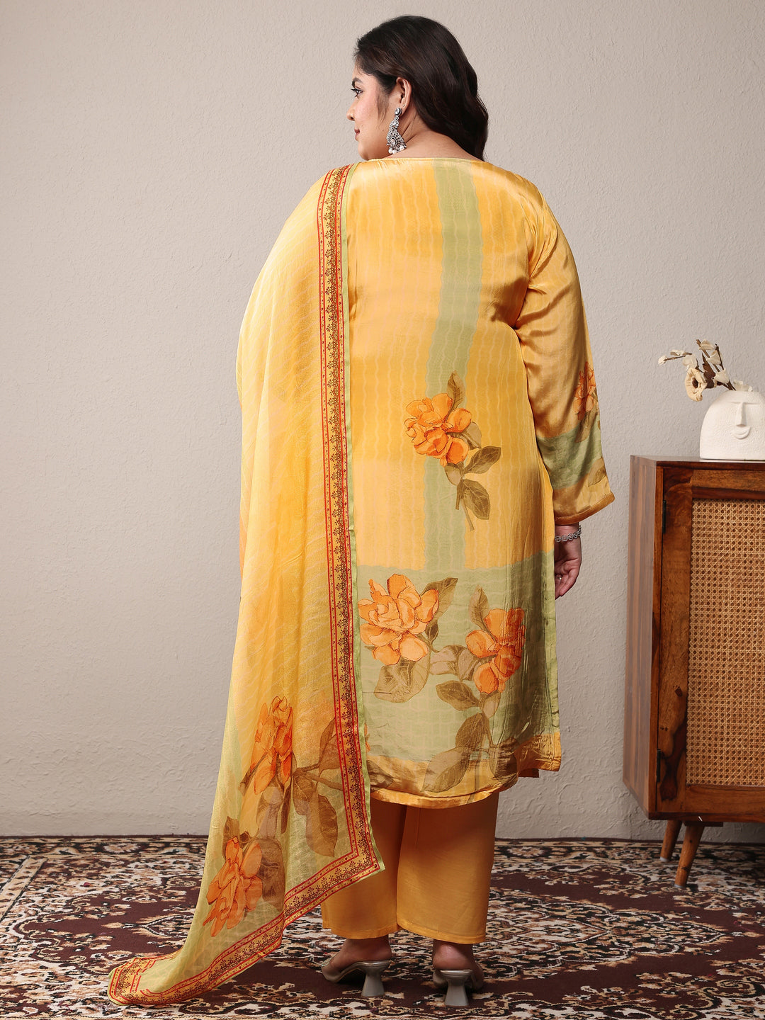  Plus Size Yellow Embroidered Silk Crepe Straight Suit Set With Dupatta 