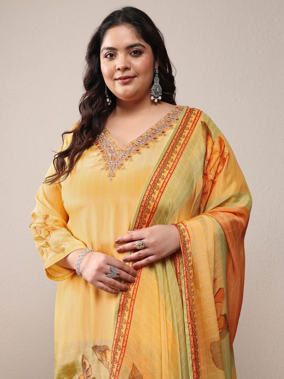  Plus Size Yellow Embroidered Silk Crepe Straight Suit Set With Dupatta 