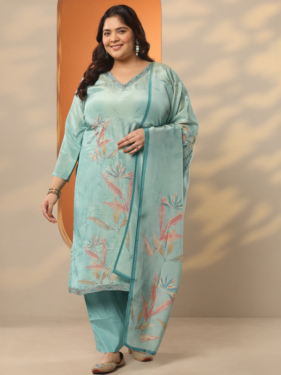  Plus Size Sea Green Printed Silk Blend Straight Suit Set With Dupatta 