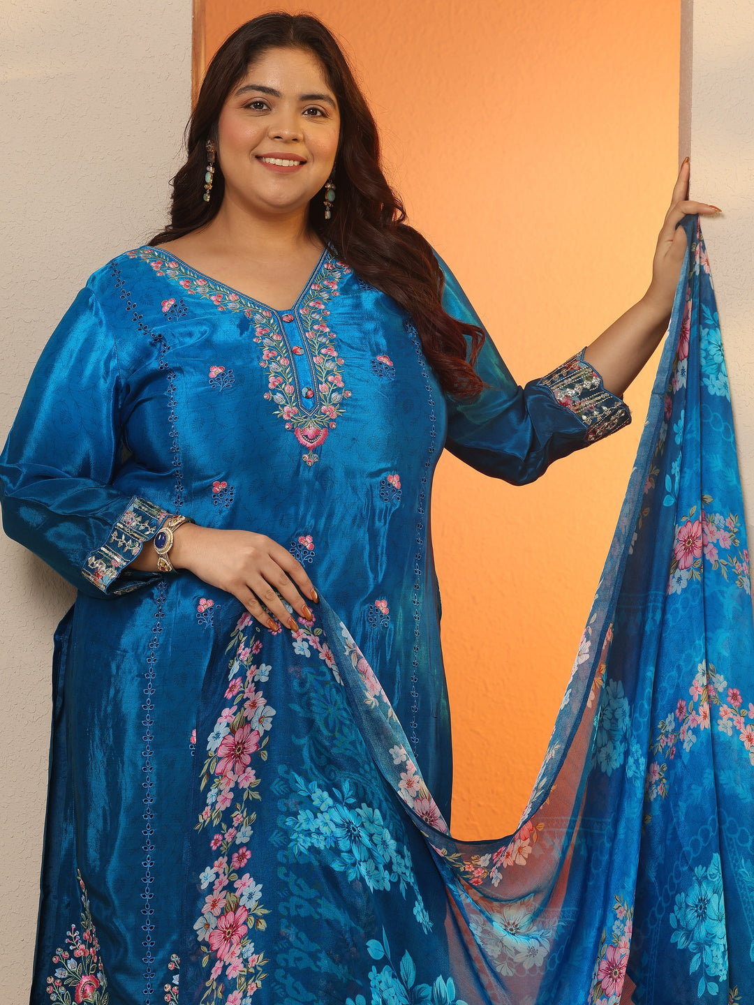  Plus Size Blue Embroidered Crepe Straight Suit Set With Dupatta 