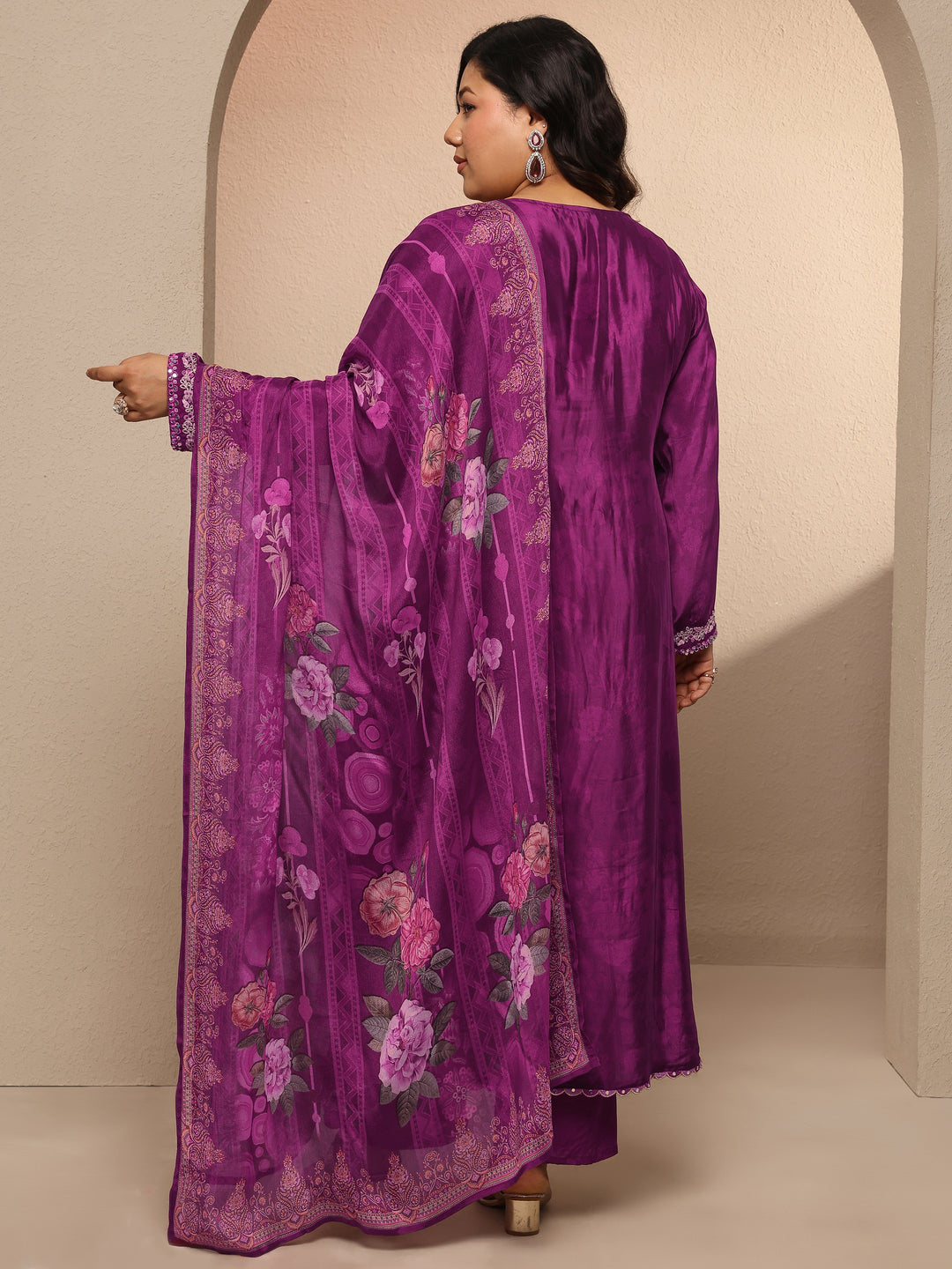  Plus Size Burgundy Embellished Crepe Suit Set With Dupatta 