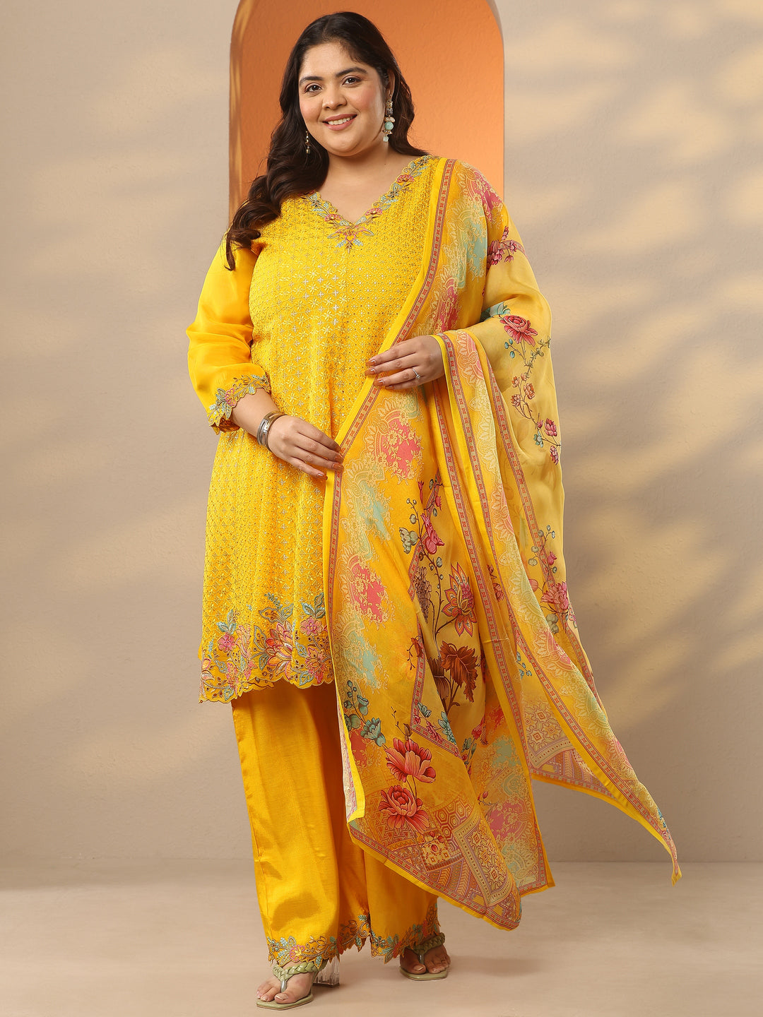  Plus Size Mustard Embroidered Organza A-Line Suit Set With Dupatta 