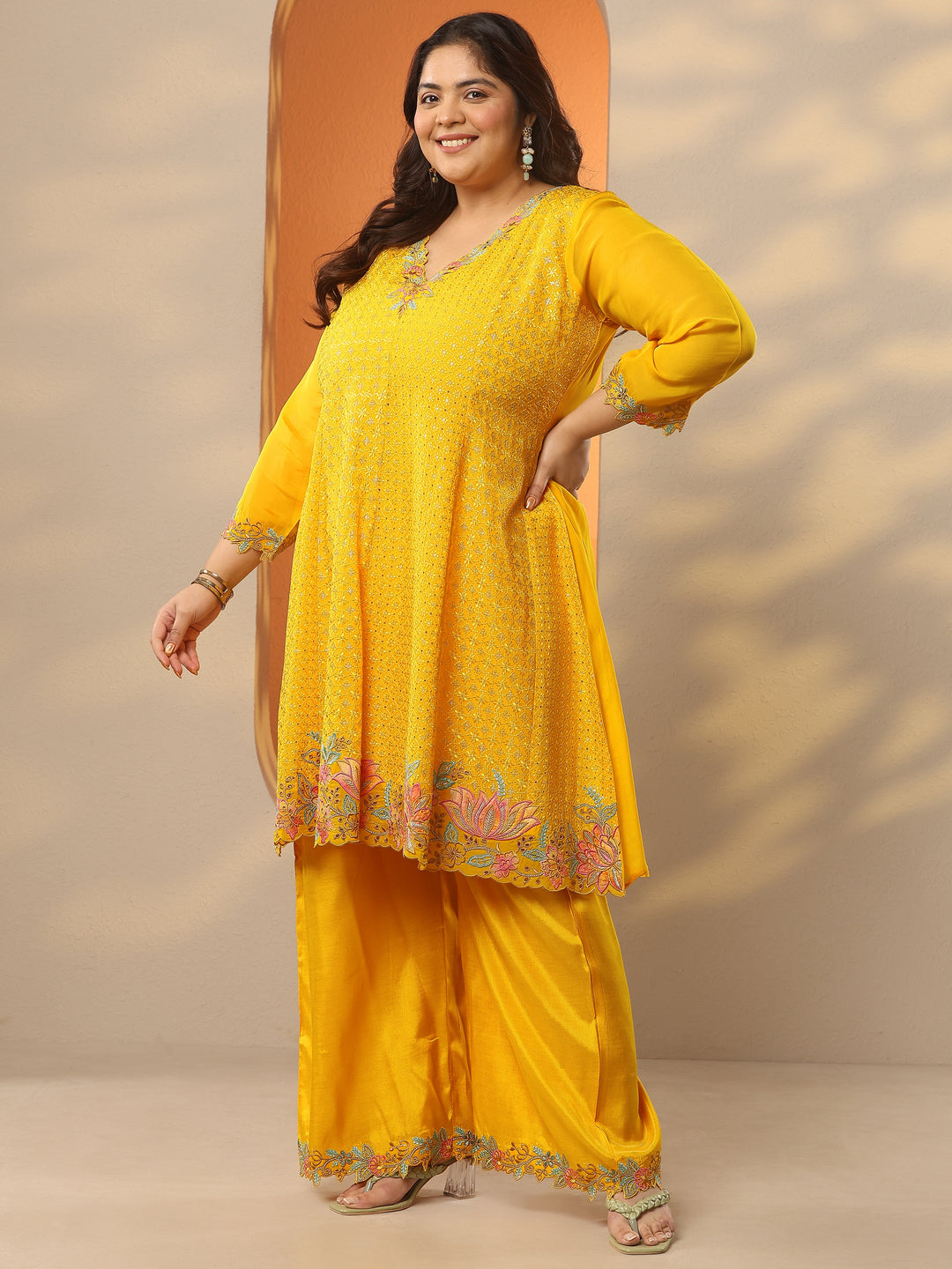  Plus Size Mustard Embroidered Organza A-Line Suit Set With Dupatta 