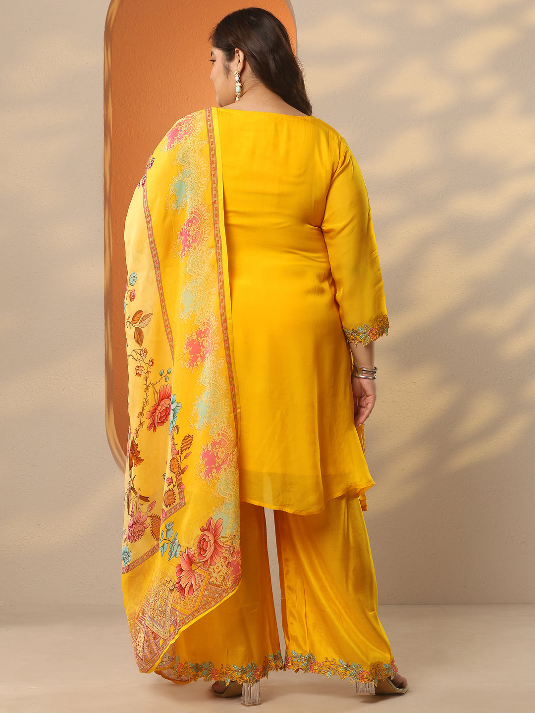  Plus Size Mustard Embroidered Organza A-Line Suit Set With Dupatta 