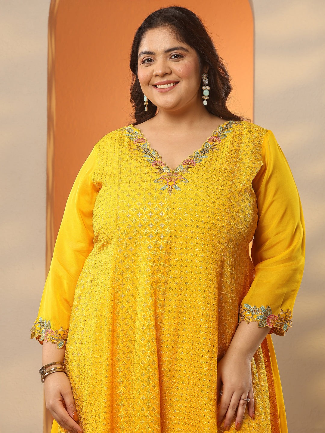  Plus Size Mustard Embroidered Organza A-Line Suit Set With Dupatta 