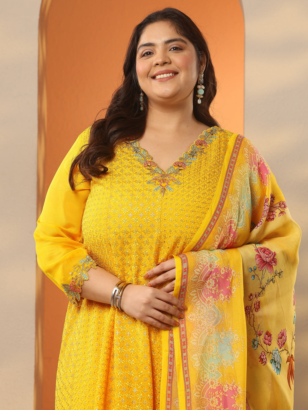  Plus Size Mustard Embroidered Organza A-Line Suit Set With Dupatta 