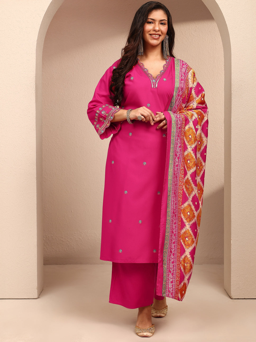  Plus Size Pink Embroidered Plus Size Clothing Silk Blend Straight Suit Set With Dupatta 