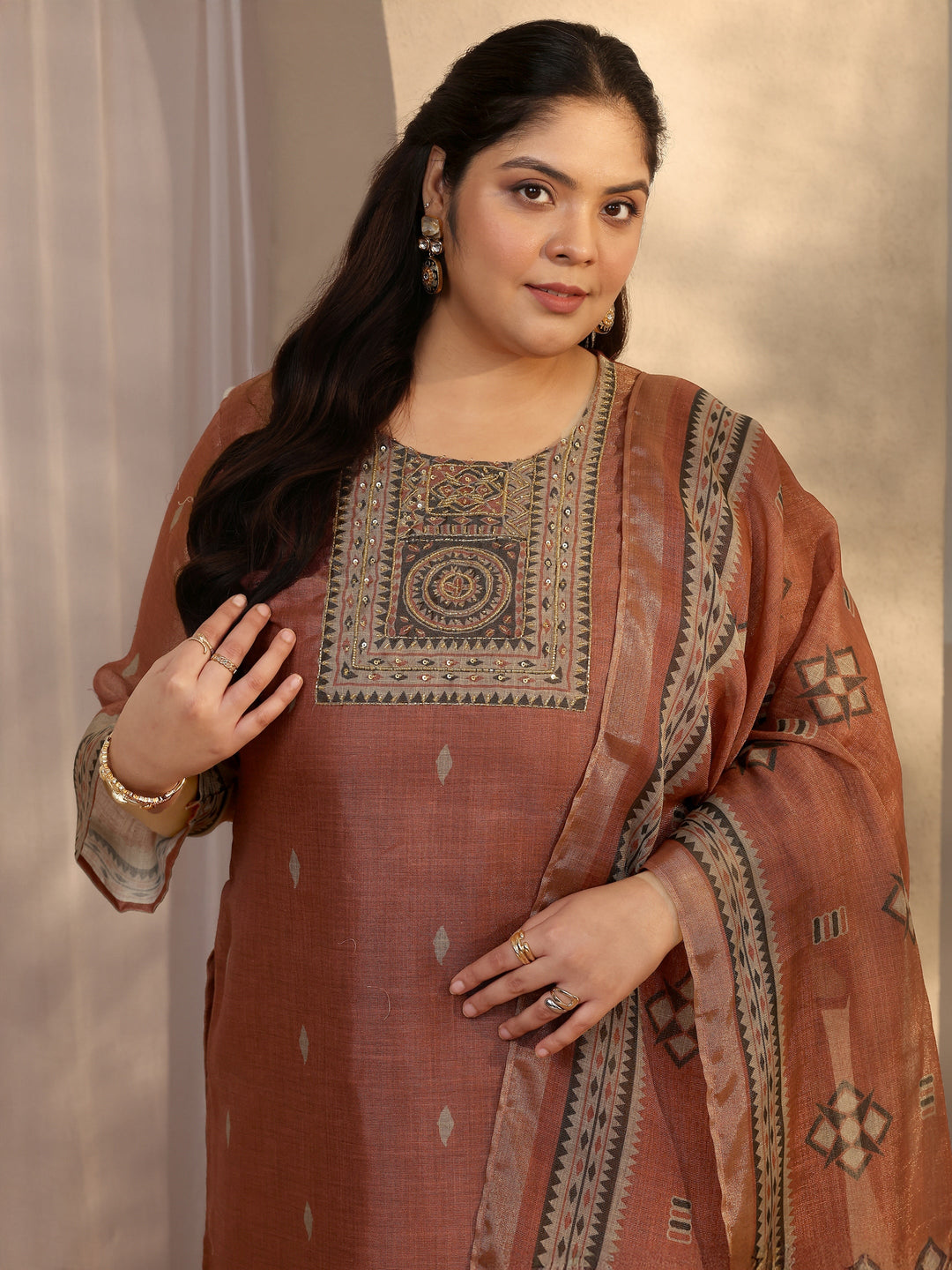  Plus Size Rust Woven Design Silk blend Straight Suit Set With Dupatta 