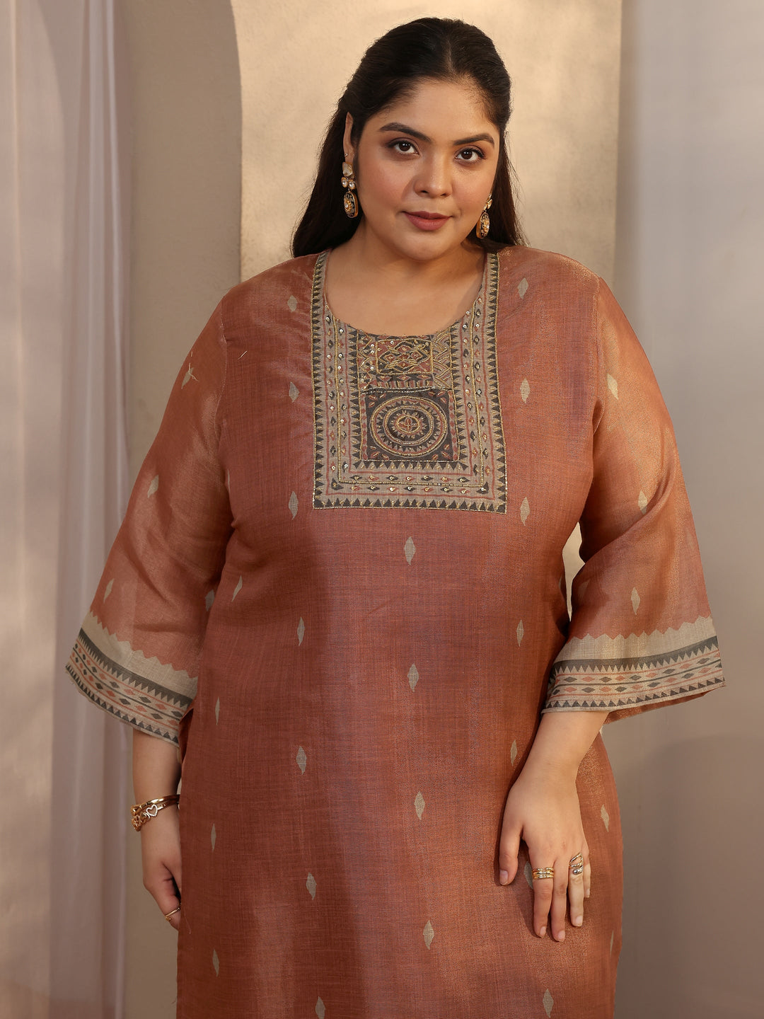  Plus Size Rust Woven Design Silk blend Straight Suit Set With Dupatta 