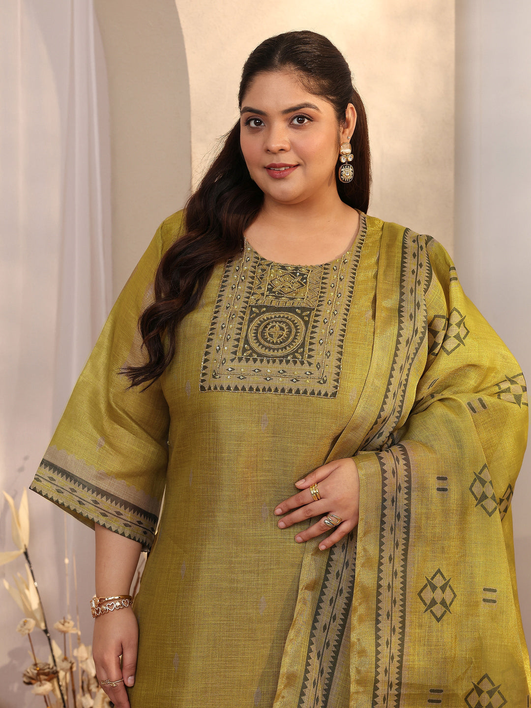  Plus Size Olive Woven Design Silk blend Straight Suit Set With Dupatta 