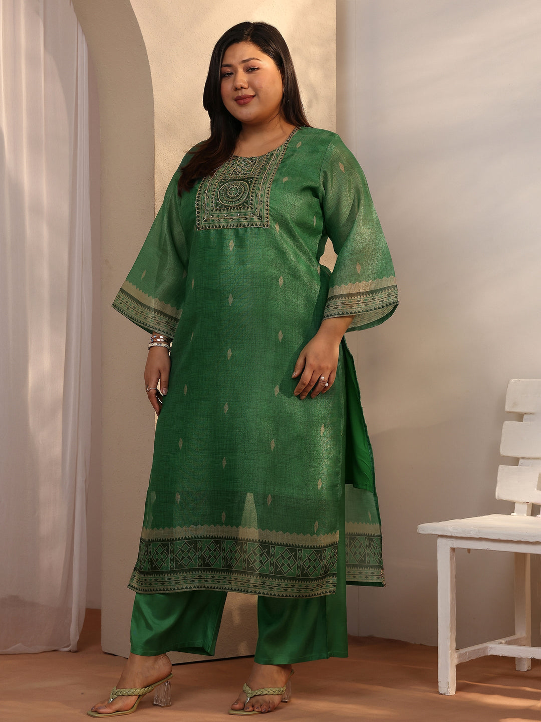  Plus Size Green Woven Design Silk blend Straight Suit Set With Dupatta 