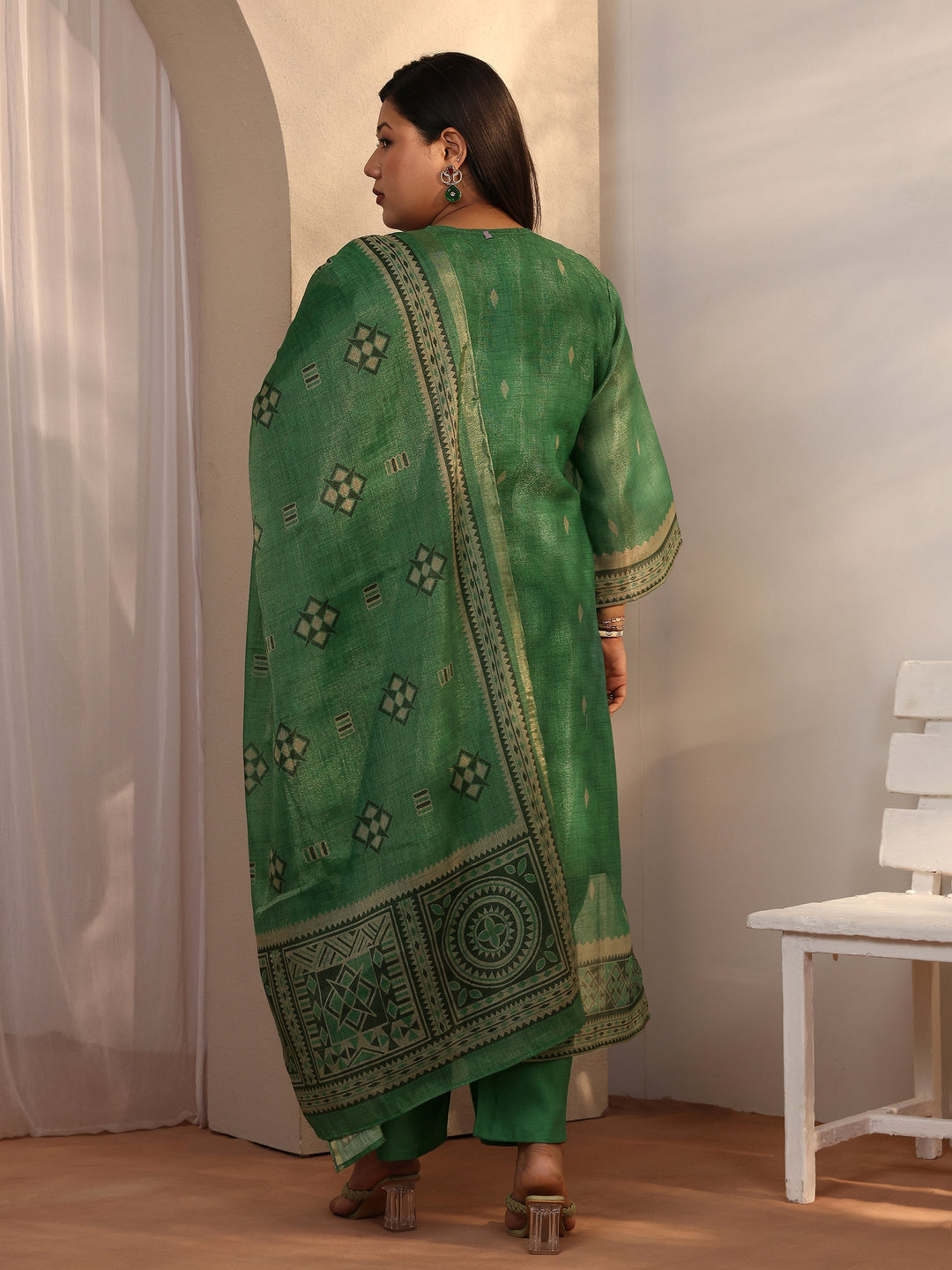  Plus Size Green Woven Design Silk blend Straight Suit Set With Dupatta 