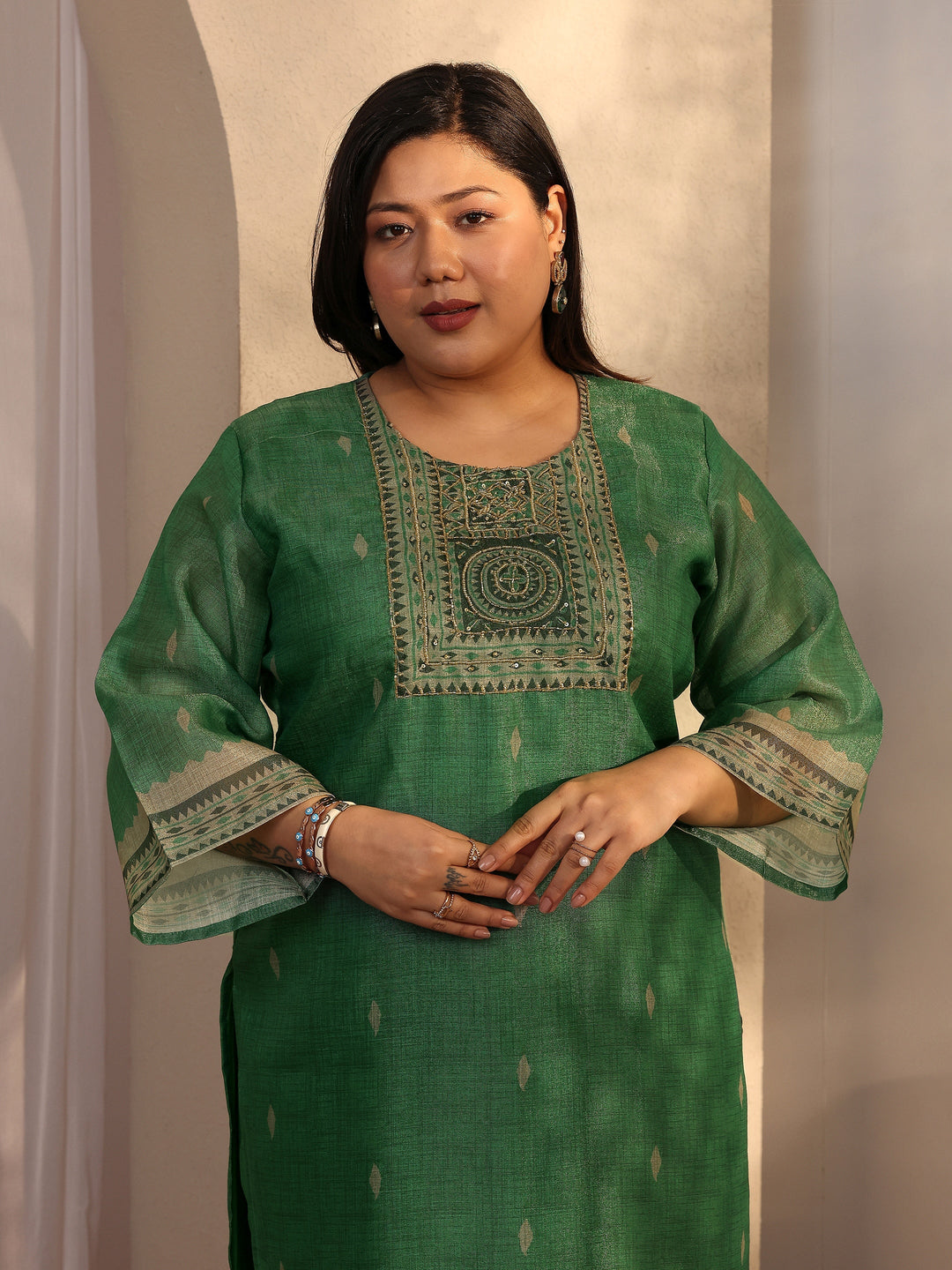  Plus Size Green Woven Design Silk blend Straight Suit Set With Dupatta 