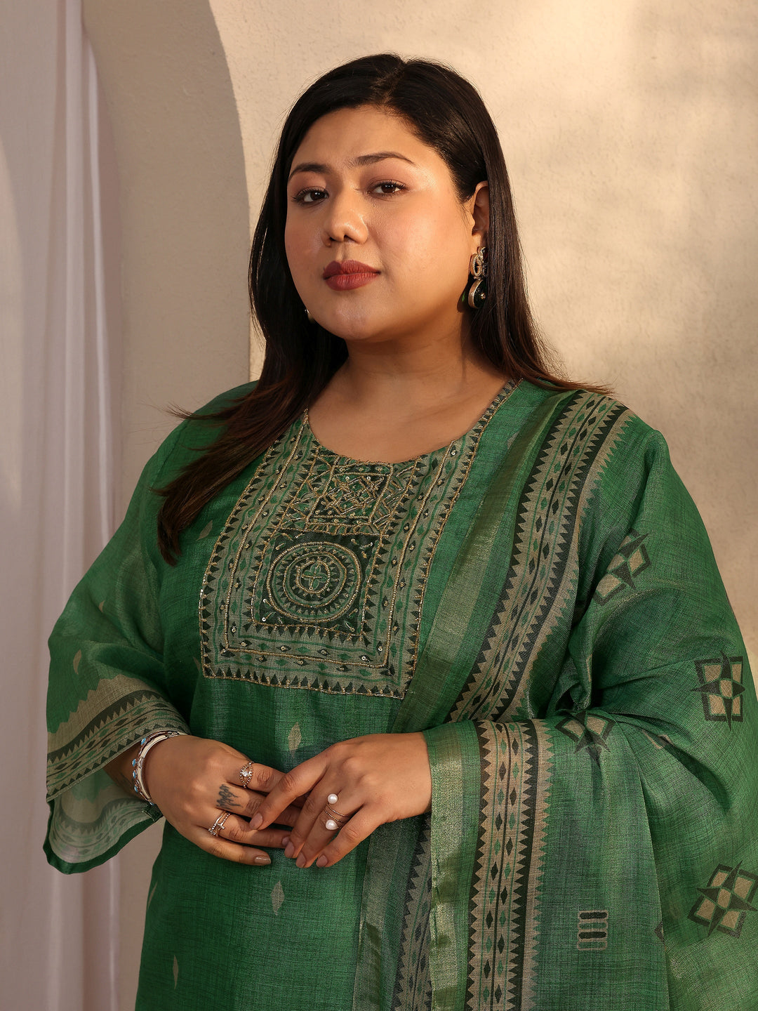  Plus Size Green Woven Design Silk blend Straight Suit Set With Dupatta 