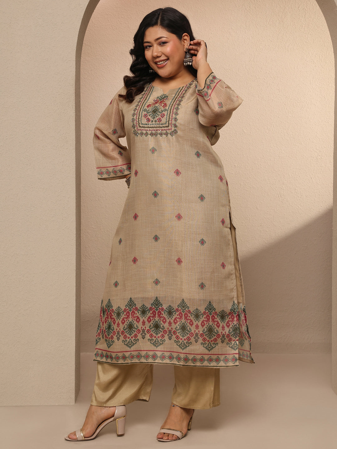  Plus Size Beige Embroidered Silk blend Suit Set With Dupatta 