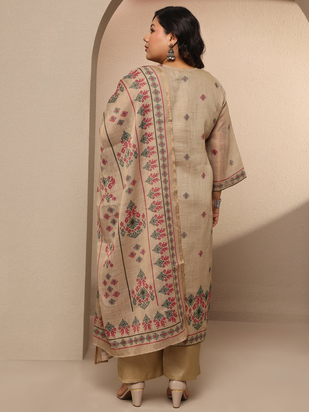  Plus Size Beige Embroidered Silk blend Suit Set With Dupatta 