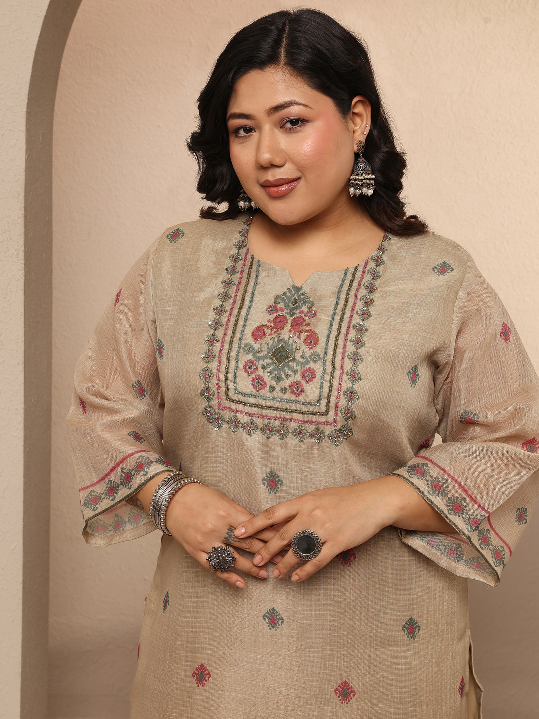  Plus Size Beige Embroidered Silk blend Suit Set With Dupatta 