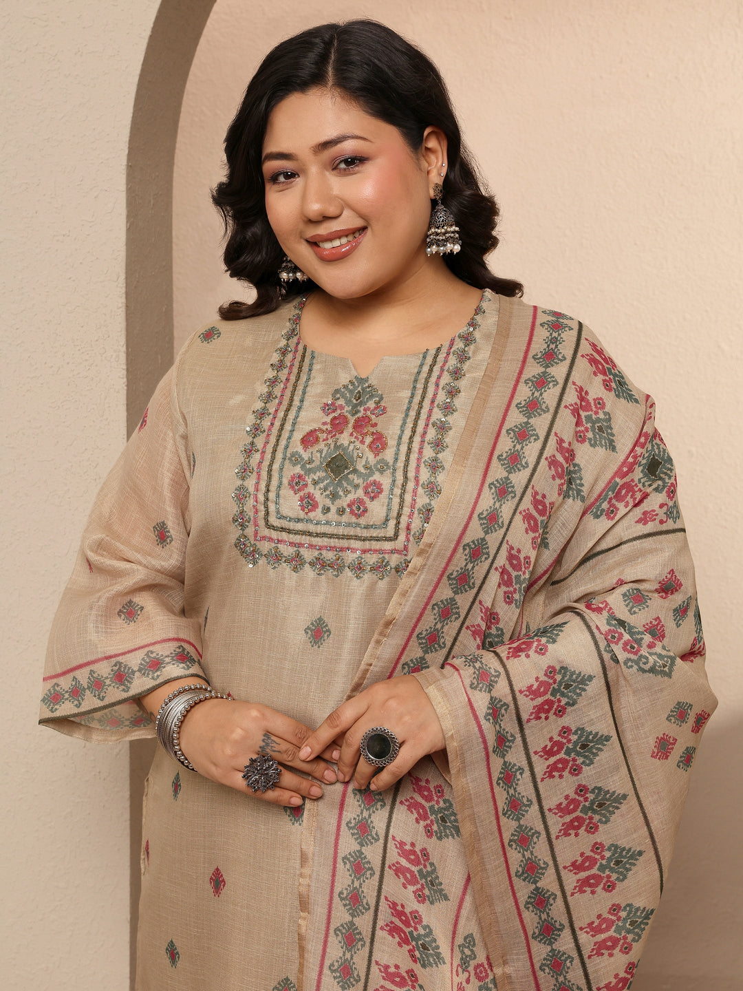  Plus Size Beige Embroidered Silk blend Suit Set With Dupatta 