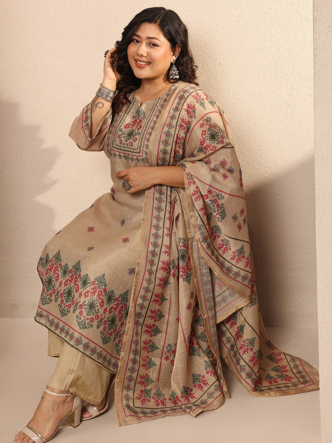  Plus Size Beige Embroidered Silk blend Suit Set With Dupatta 