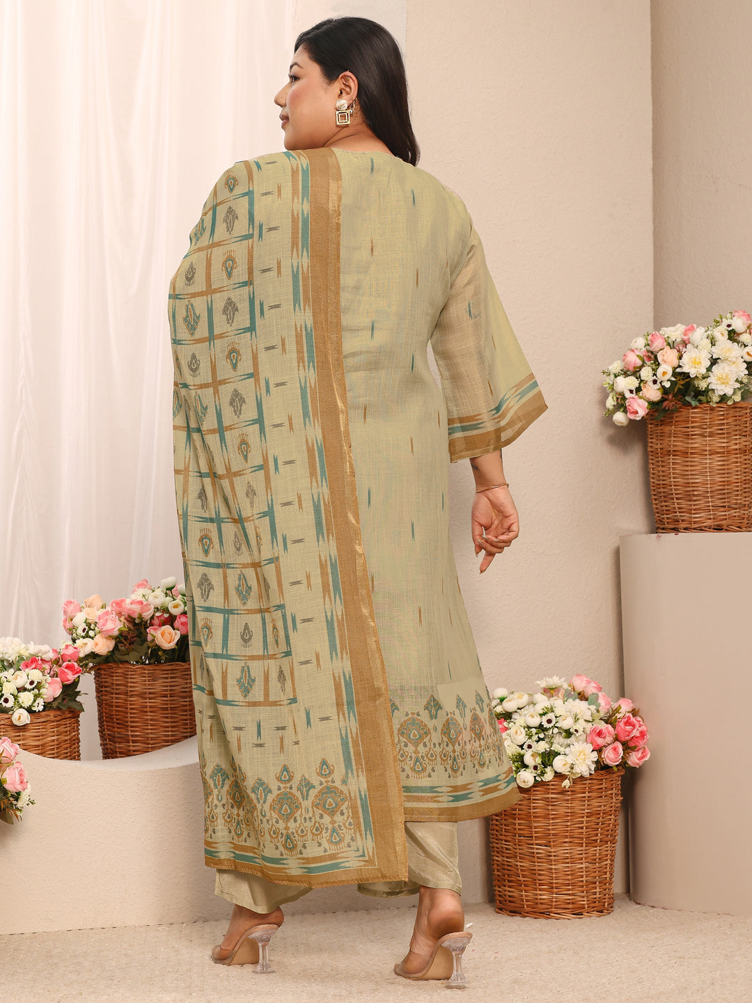 Plus Size Beige Embroidered Silk Blend Straight Suit Set With Dupatta 