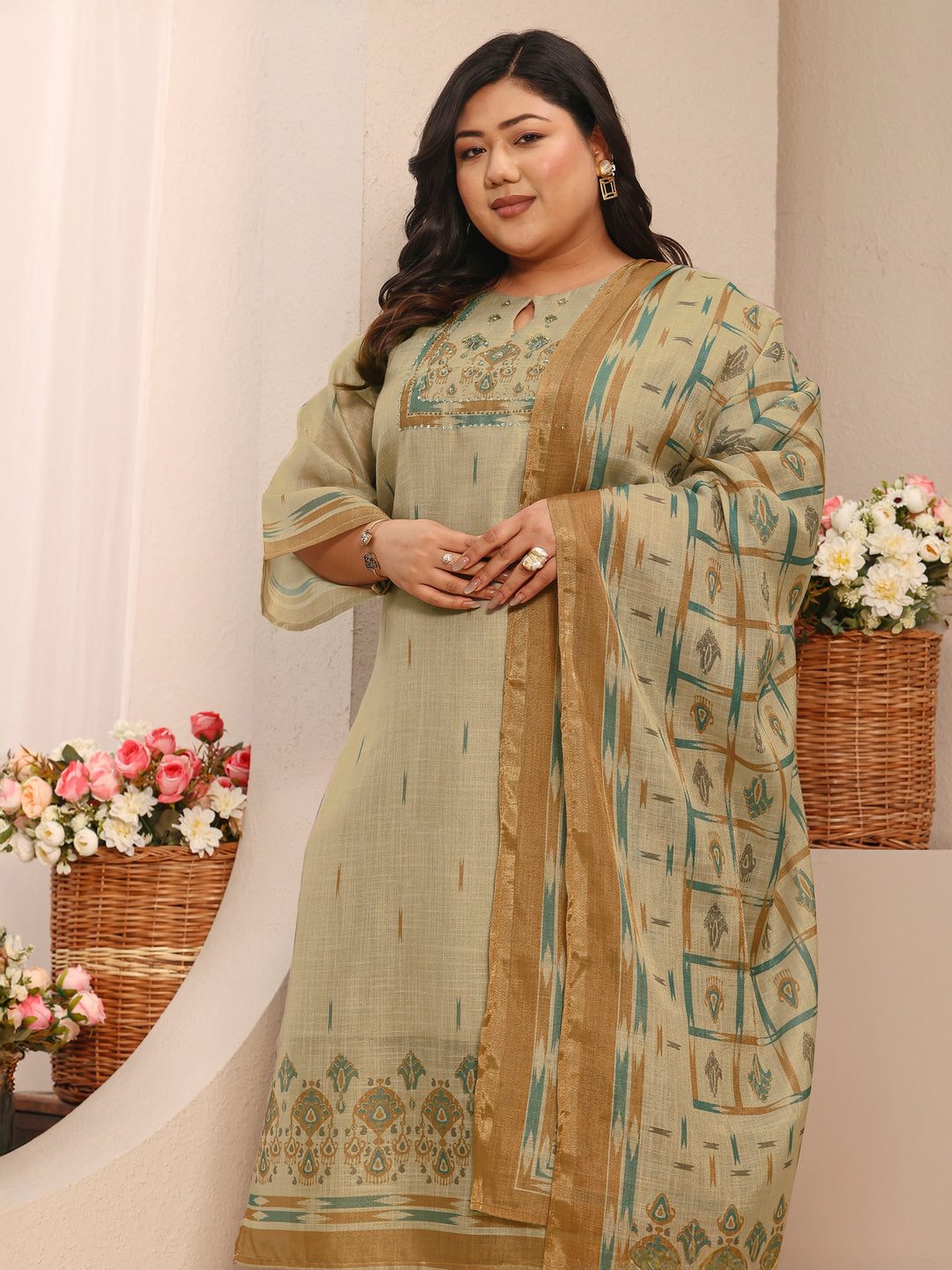  Plus Size Beige Embroidered Silk Blend Straight Suit Set With Dupatta 