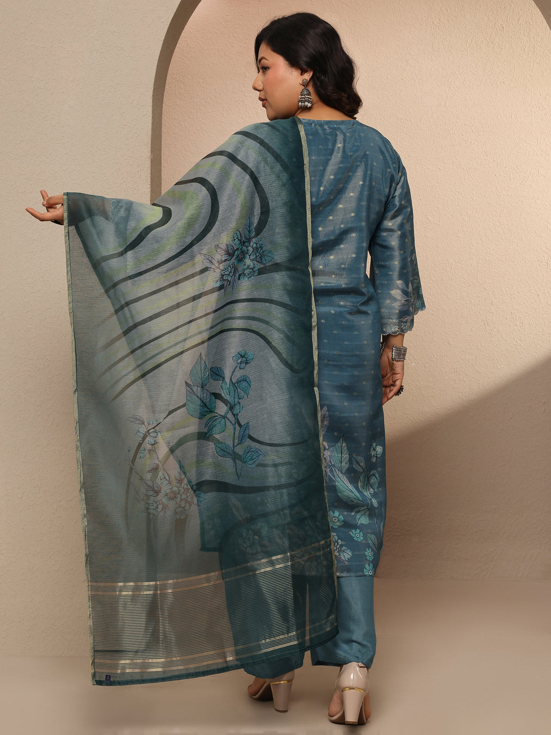  Plus Size Blue Printed Silk blend Suit Set With Dupatta 