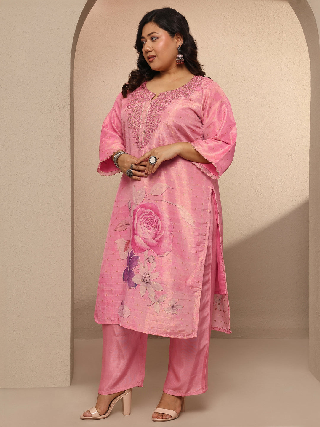  Plus Size Pink Printed Silk blend Suit Set With Dupatta 
