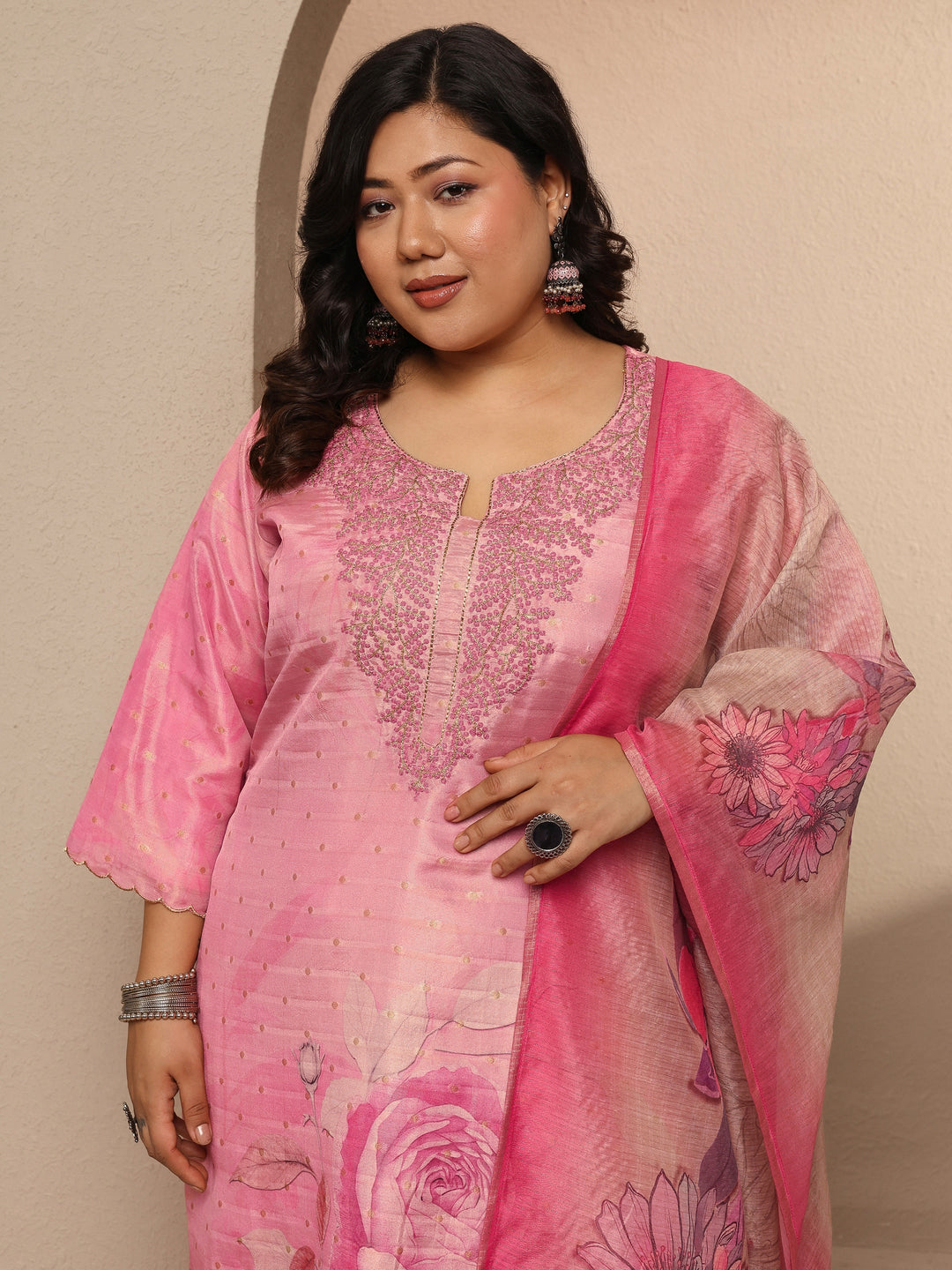  Plus Size Pink Printed Silk blend Suit Set With Dupatta 