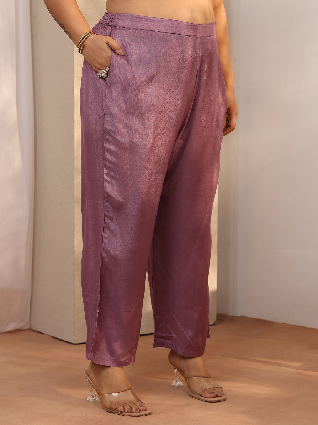  Plus Size Mauve Embroidered Silk blend Straight Suit Set With Dupatta 