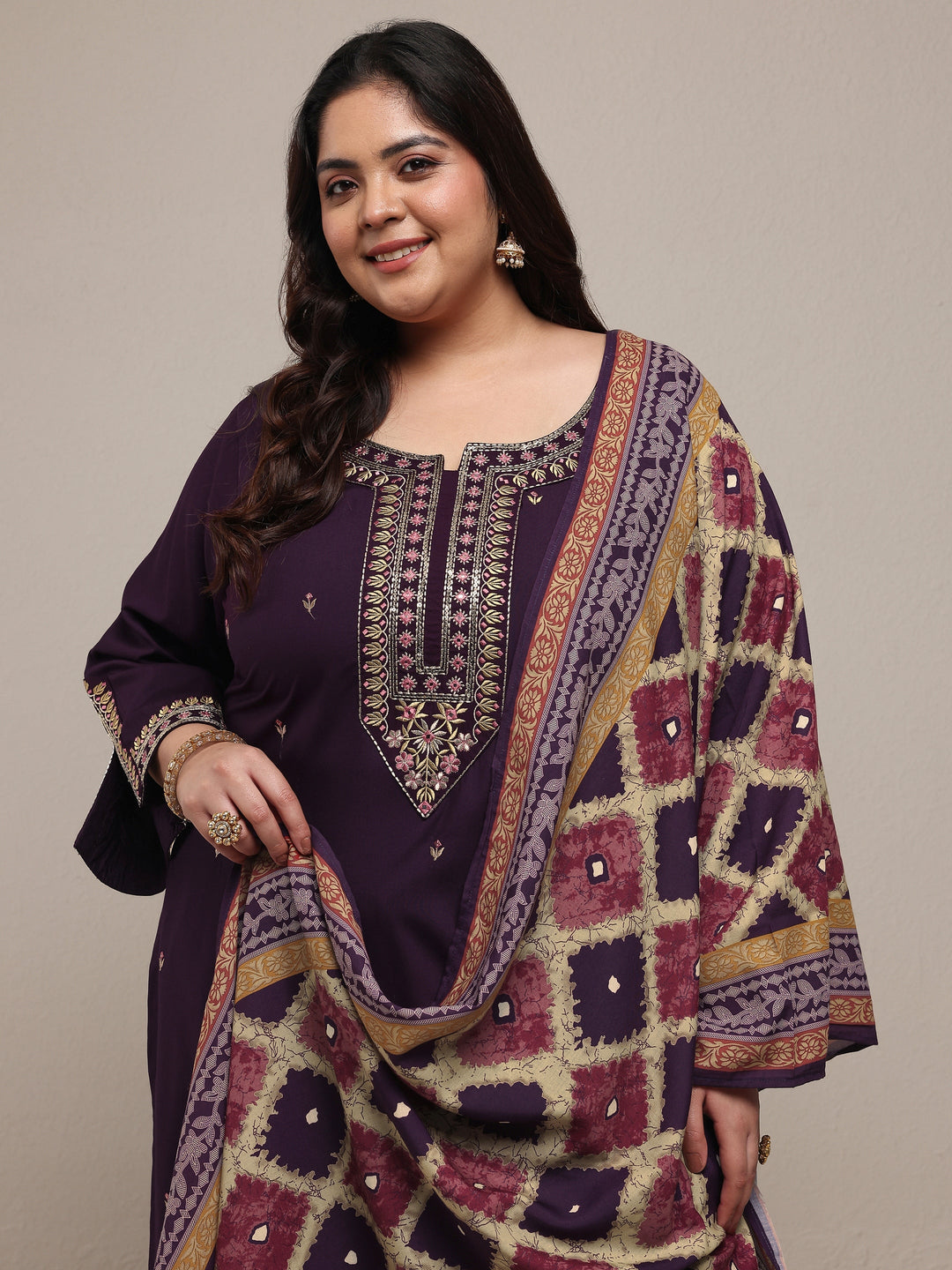 Plus Size Purple Embroidered Viscose Rayon Straight Suit Set With Dupatta 