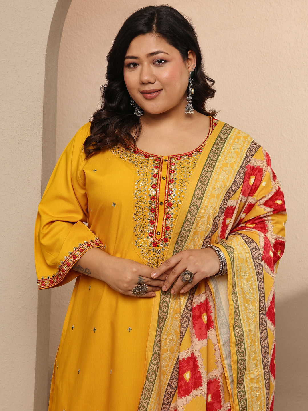  Plus Size Yellow Embellished Rayon Suit Set With Dupatta 