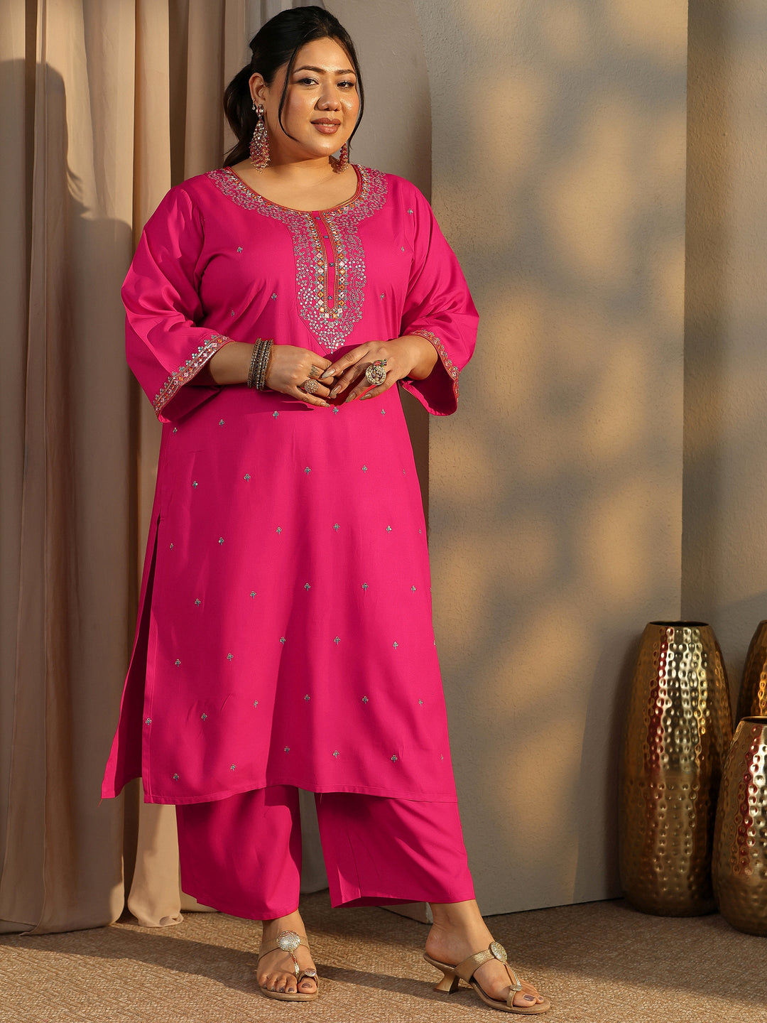 Plus Size Pink Embroidered Rayon Straight Suit Set With Dupatta 