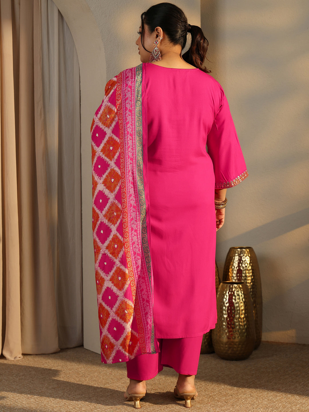  Plus Size Pink Embroidered Rayon Straight Suit Set With Dupatta 