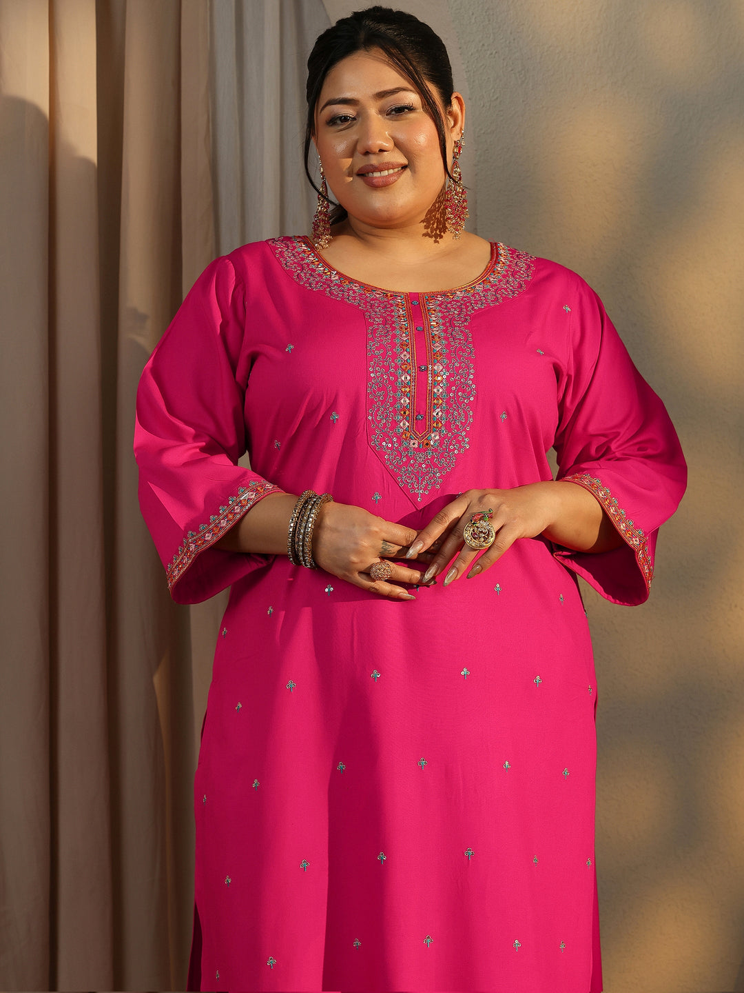  Plus Size Pink Embroidered Rayon Straight Suit Set With Dupatta 