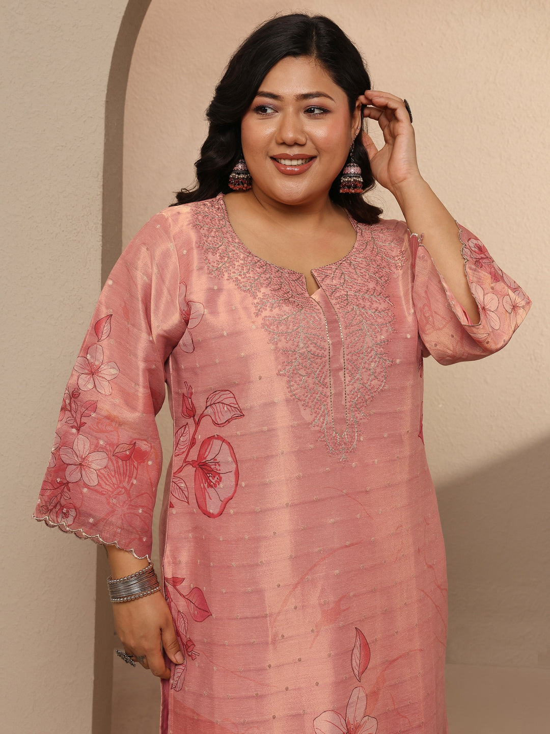  Plus Size Peach Printed Silk Blend Straight Suit Set With Dupatta 