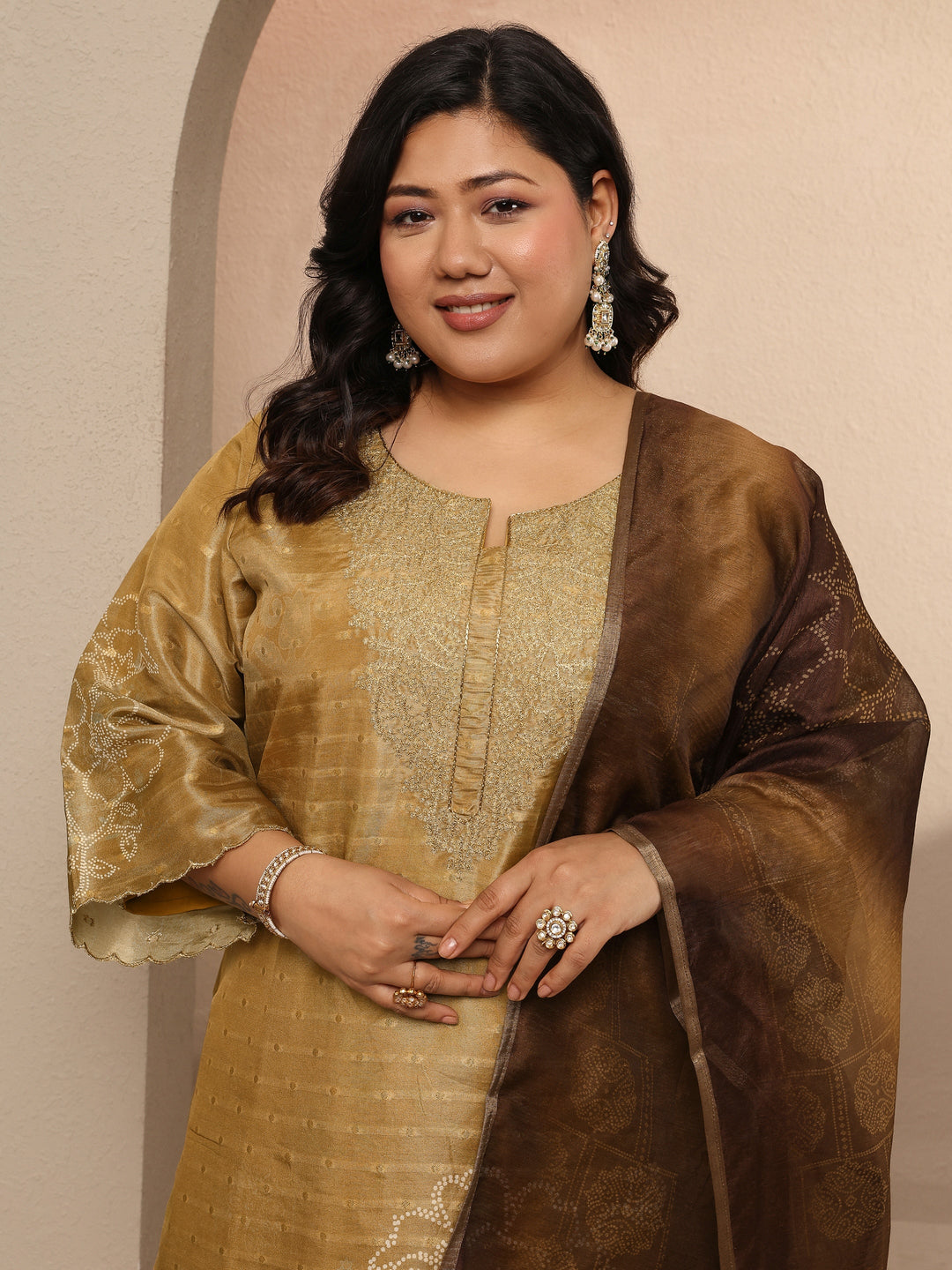  Plus Size Gold Bandhani Printed Silk blend Straight Suit Set With Dupatta 
