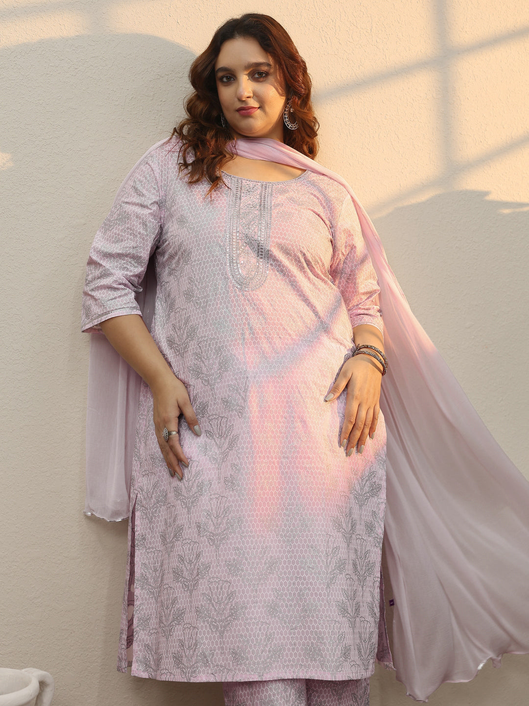  Plus Size Pink Printed Cotton Straight Suit Set With Dupatta 