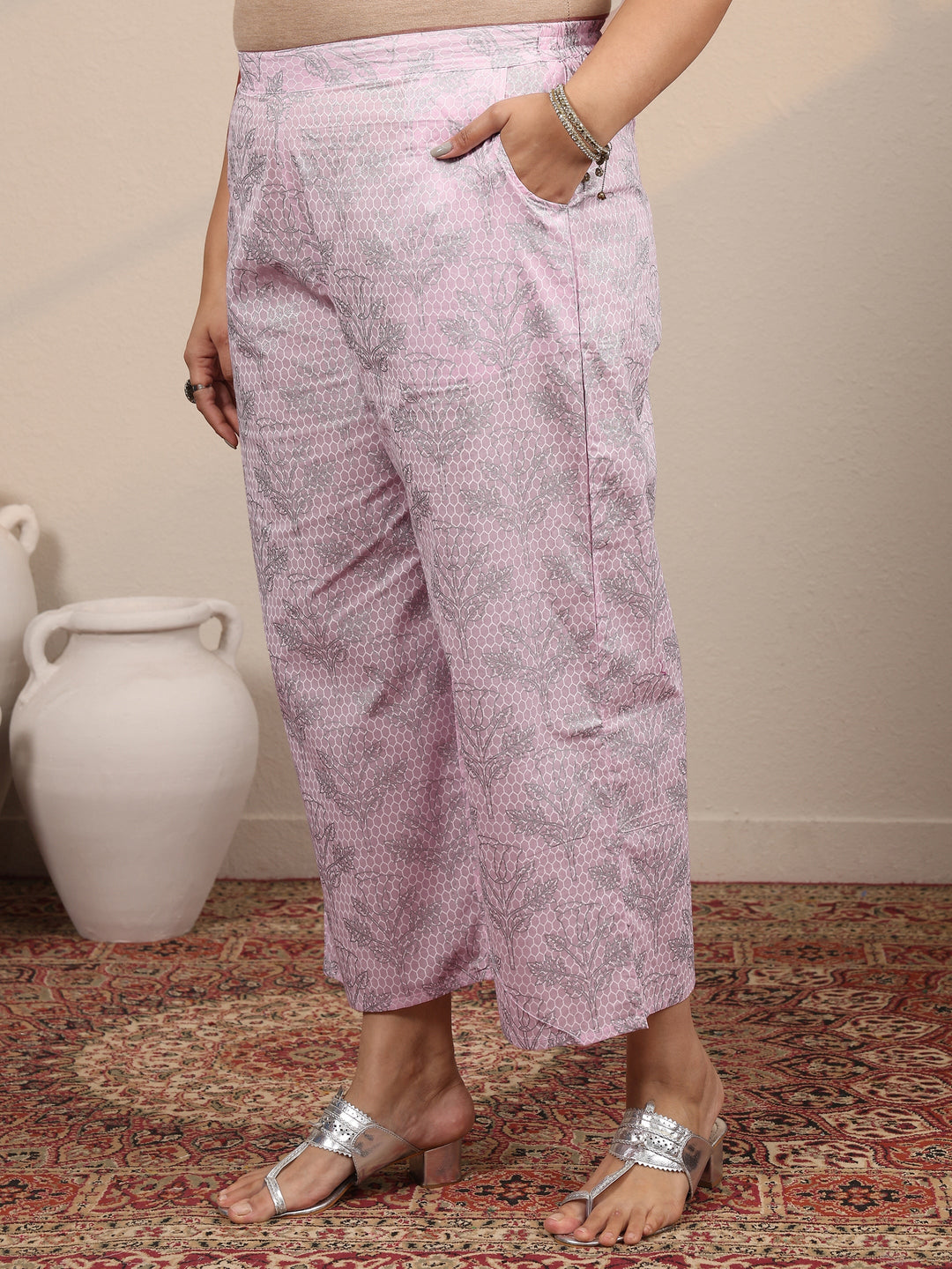  Plus Size Pink Printed Cotton Straight Suit Set With Dupatta 