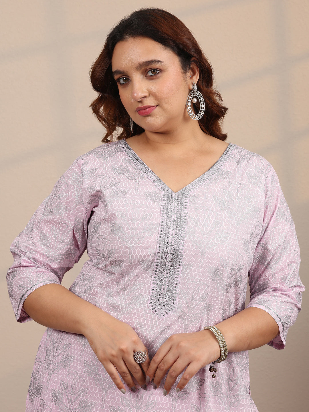  Plus Size Pink Printed Cotton Straight Suit Set With Dupatta 