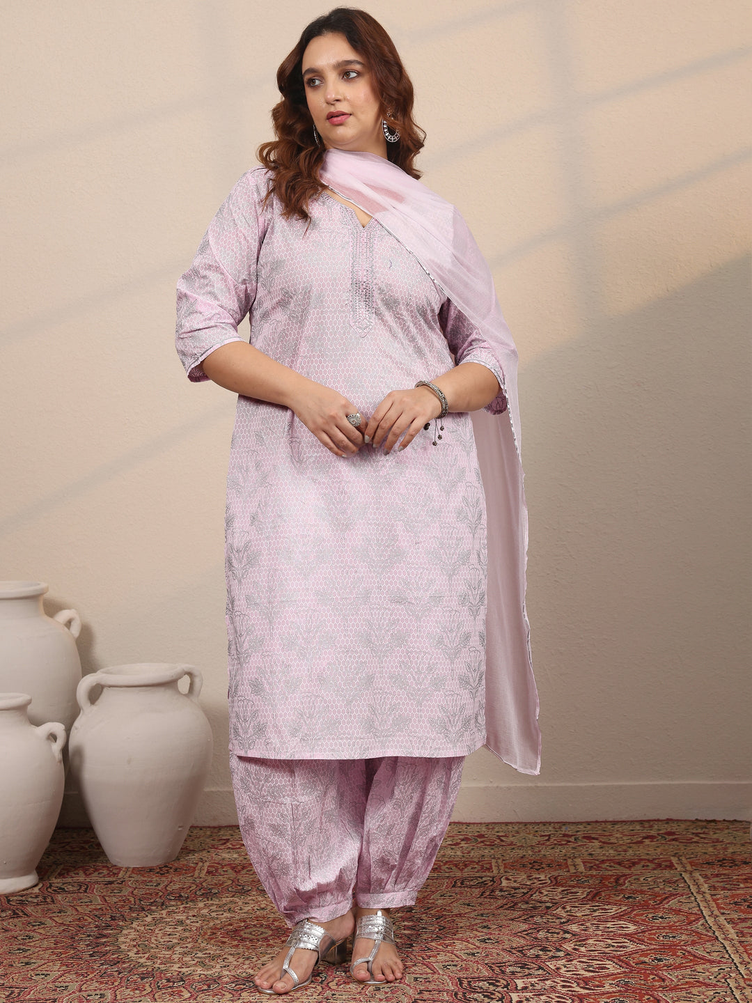  Plus Size Pink Printed Cotton Straight Suit Set With Dupatta 