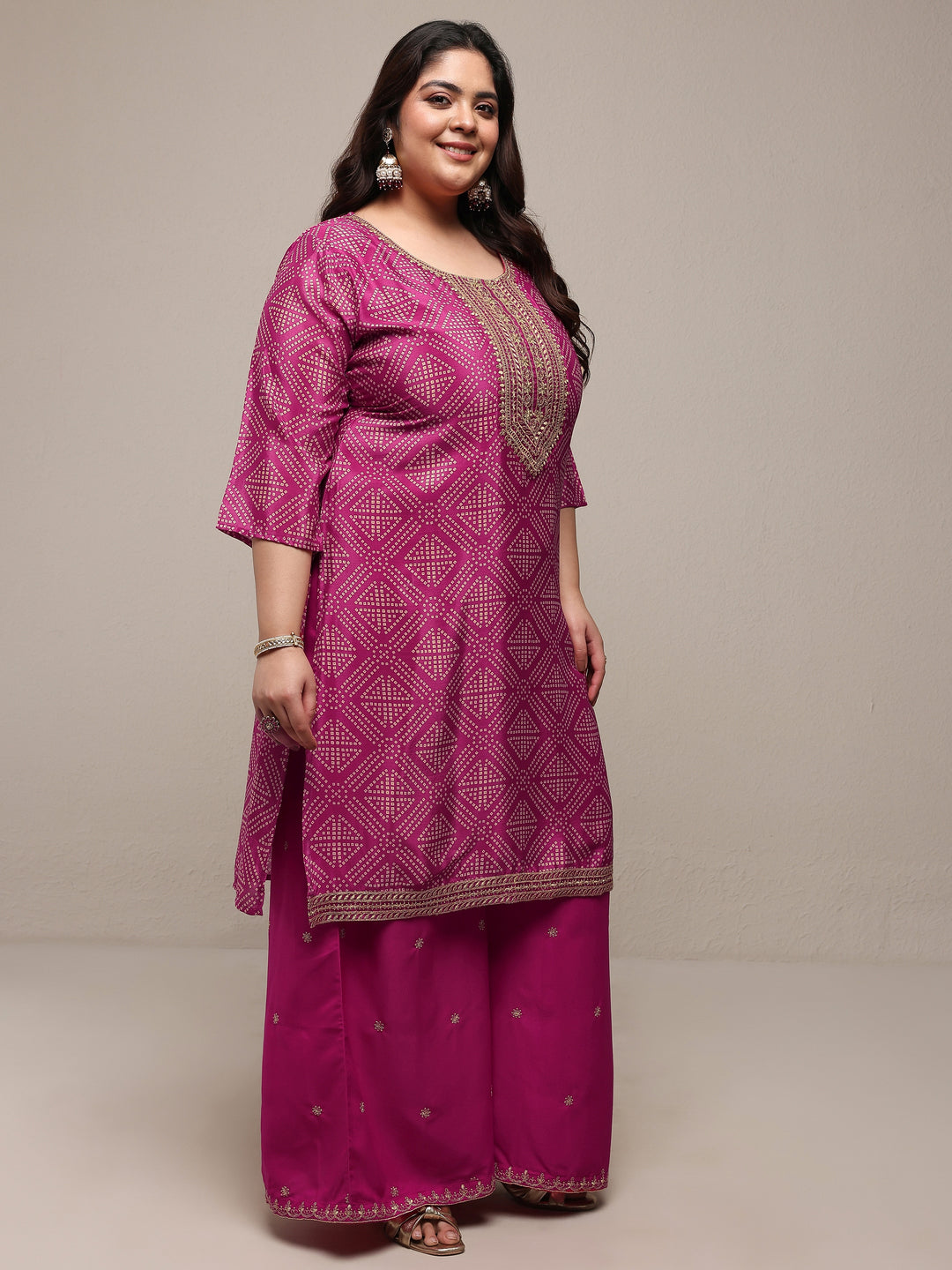  Plus Size Pink Bandhani Printed Chinon Straight Suit Set With Dupatta 